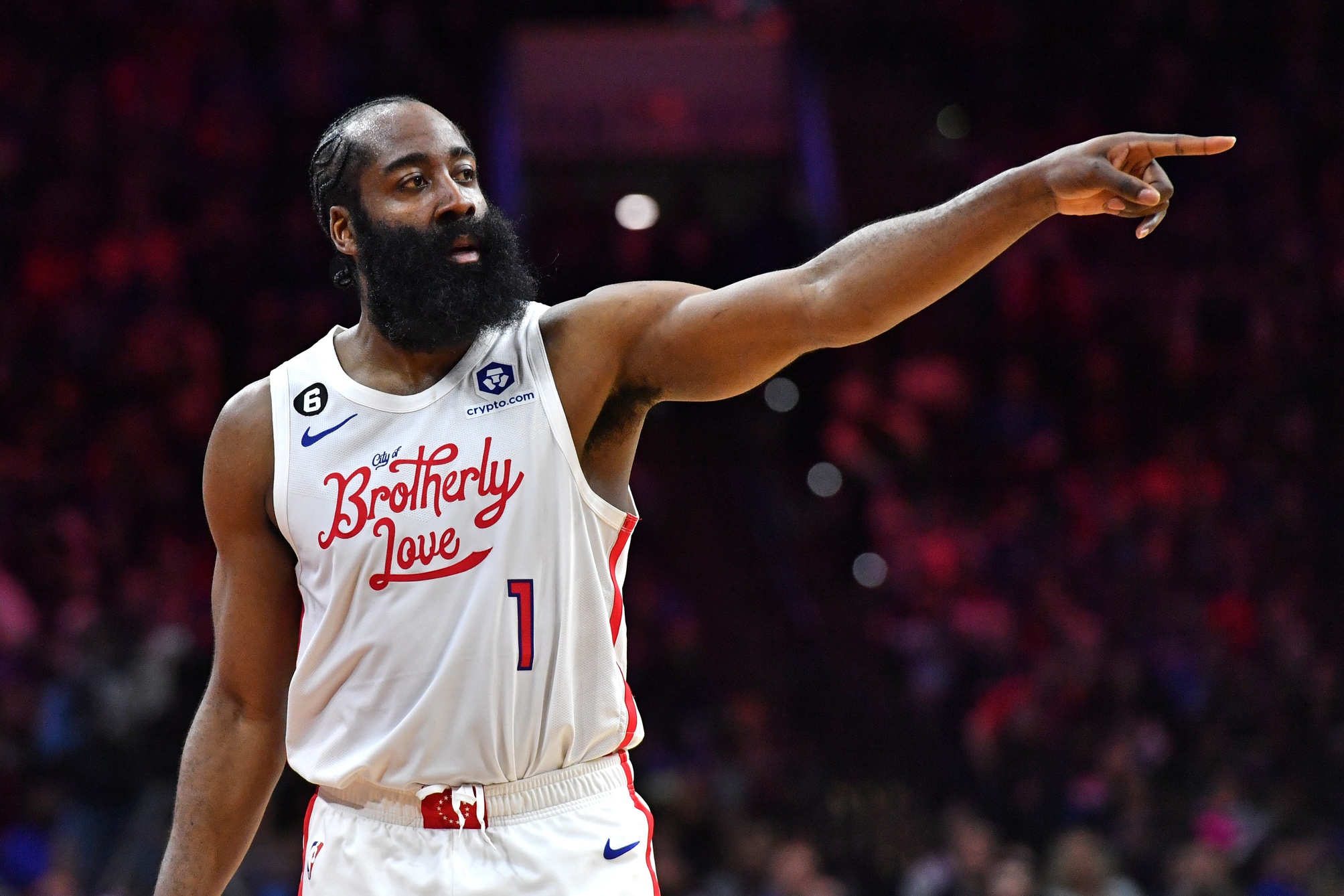 Mar 12, 2023; Philadelphia, Pennsylvania, USA; Philadelphia 76ers guard James Harden (1) against the Washington Wizards during the second quarter at Wells Fargo Center. Mandatory Credit: Eric Hartline-USA TODAY Sports