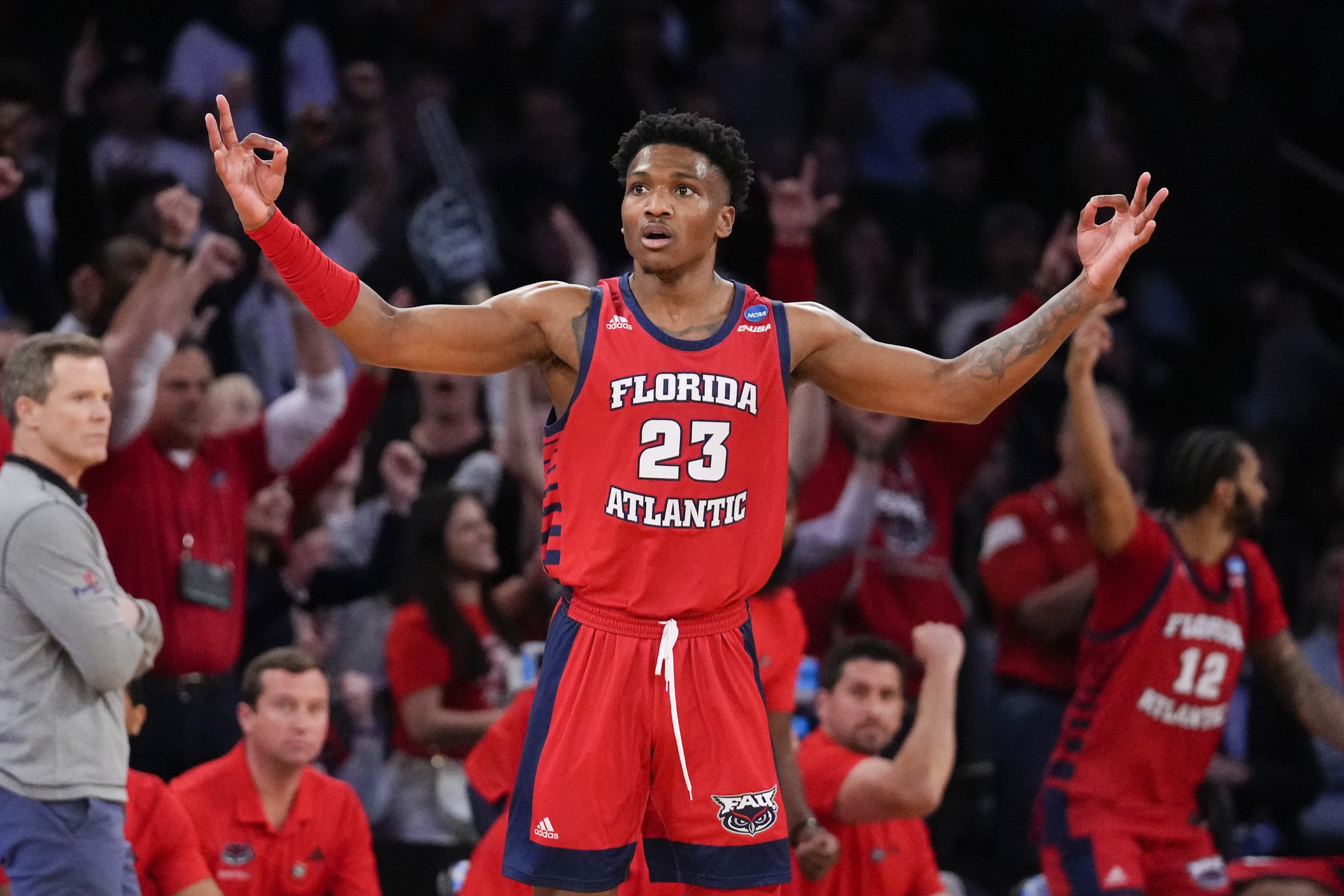 Mar 25, 2023; New York, NY, USA; Florida Atlantic Owls guard Brandon Weatherspoon (23) reacts after a 3-pointer during the second half of an NCAA tournament East Regional final against the Kansas State Wildcats at Madison Square Garden. Mandatory Credit: Robert Deutsch-USA TODAY Sports