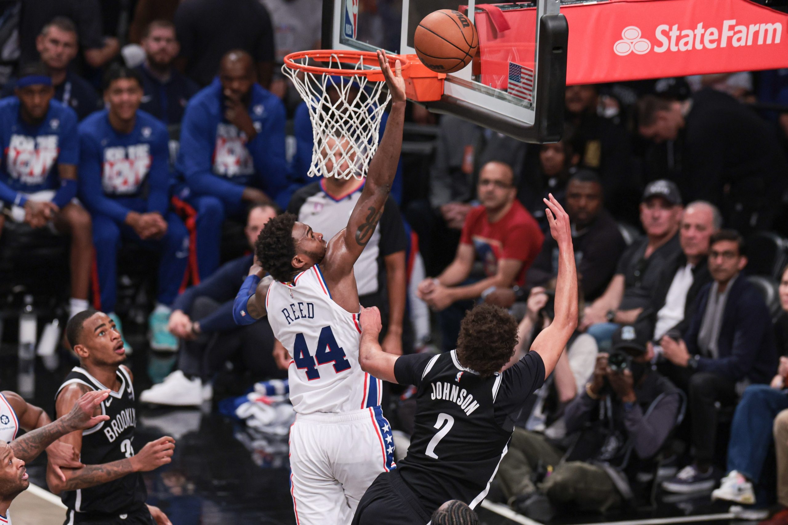 Apr 22, 2023; Brooklyn, New York, USA; Philadelphia 76ers forward Paul Reed (44) blocks a shot by Brooklyn Nets forward Cameron Johnson (2) during the second quarter of game four of the 2023 NBA playoffs at Barclays Center. Mandatory Credit: Vincent Carchietta-USA TODAY Sports