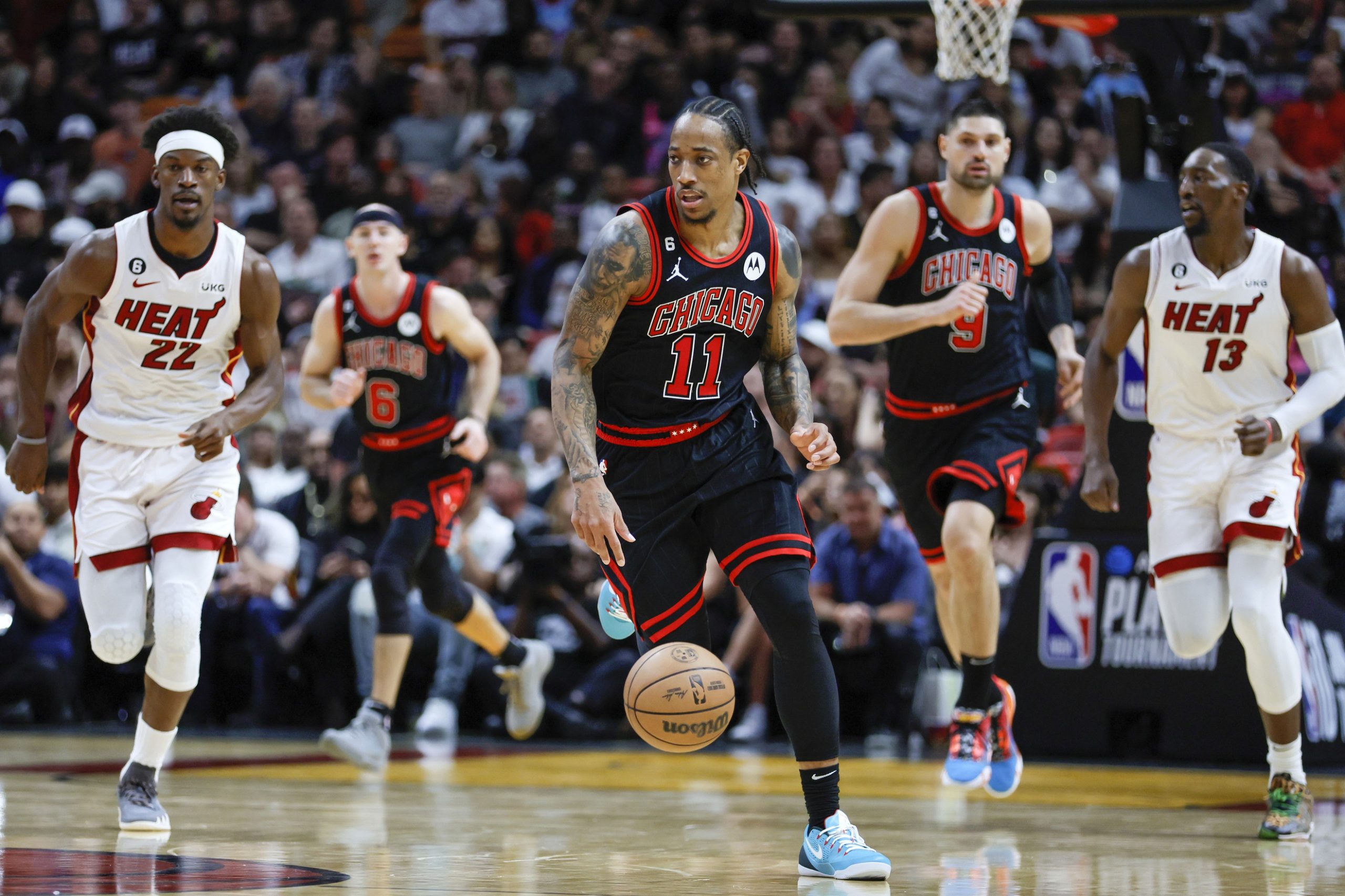 Apr 14, 2023; Miami, Florida, USA; Chicago Bulls forward DeMar DeRozan (11) dribbles the basketball during the third quarter against the Miami Heat at Kaseya Center. Mandatory Credit: Sam Navarro-USA TODAY Sports