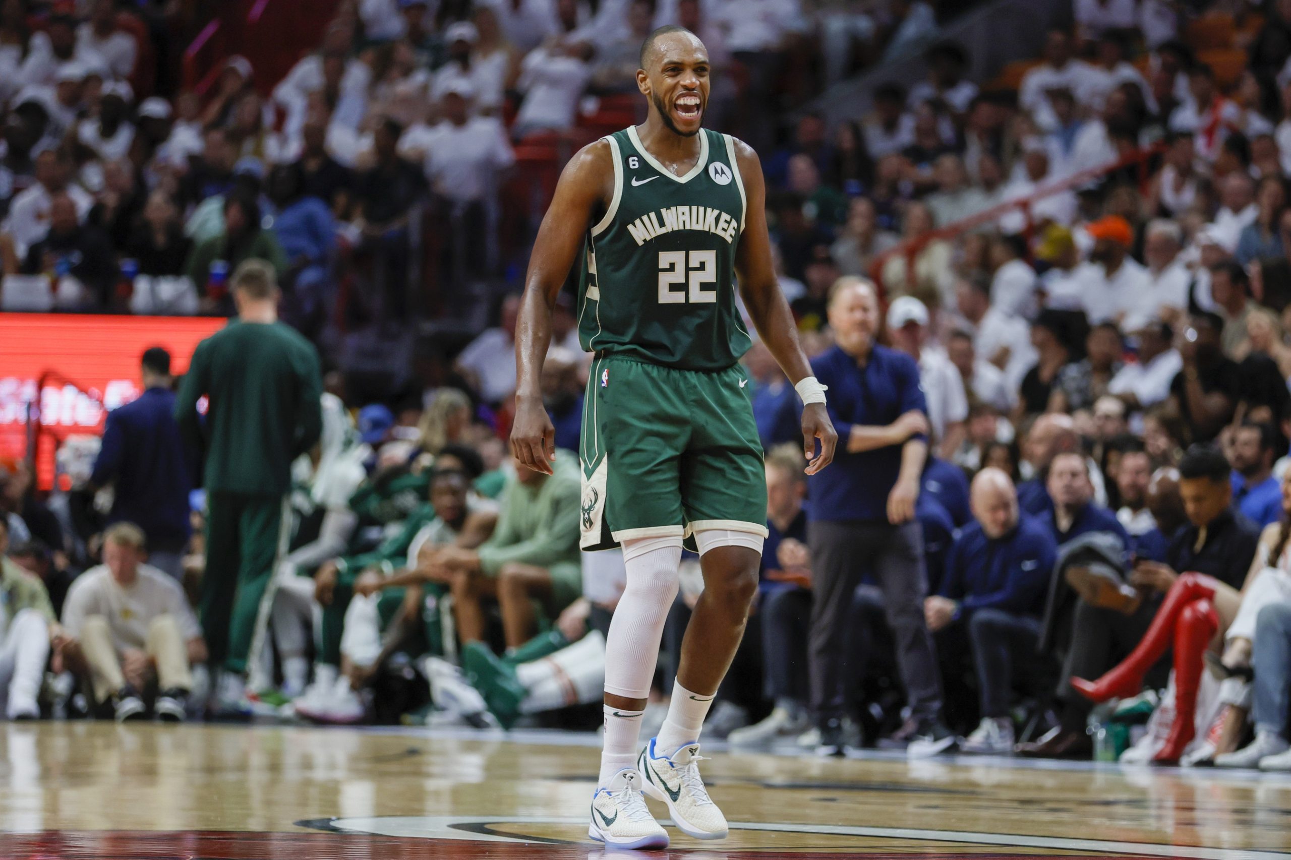 Apr 22, 2023; Miami, Florida, USA; Milwaukee Bucks forward Khris Middleton (22) reacts in the second quarter against the Miami Heat during game three of the 2023 NBA Playoffs at Kaseya Center. Mandatory Credit: Sam Navarro-USA TODAY Sports