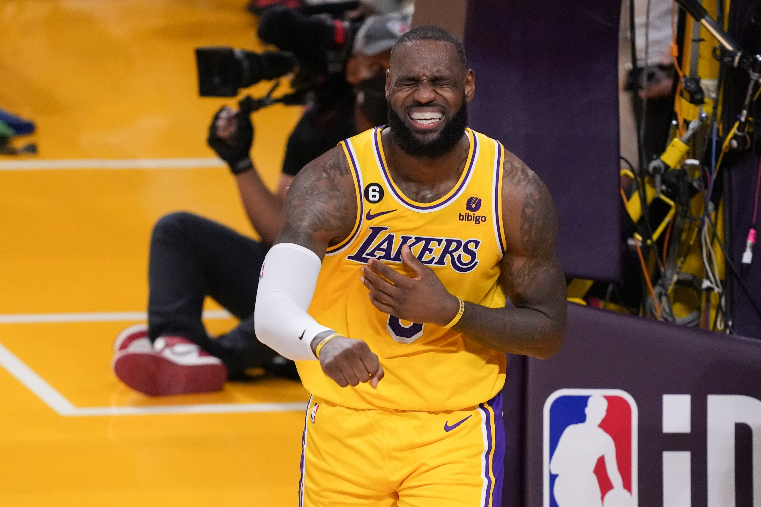 LeBron James (6) reacts to a play against the Denver Nuggets