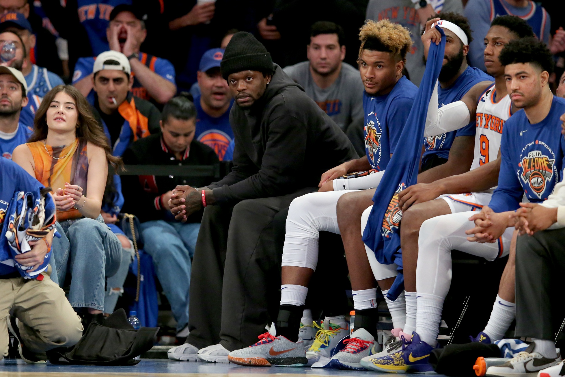 Apr 30, 2023; New York, New York, USA; New York Knicks injured forward Julius Randle (30) watches from the bench during the fourth quarter of game one of the 2023 NBA Eastern Conference semifinal playoffs against the Miami Heat at Madison Square Garden. Mandatory Credit: Brad Penner-USA TODAY Sports