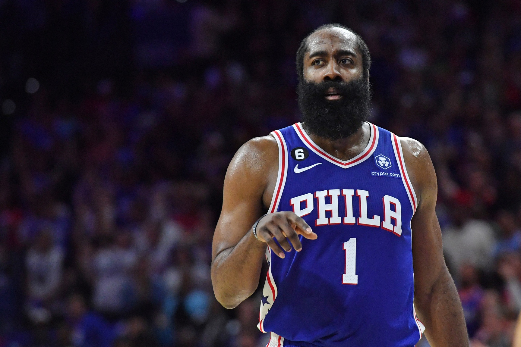 May 7, 2023; Philadelphia, Pennsylvania, USA; Philadelphia 76ers guard James Harden (1) against the Boston Celtics during game four of the 2023 NBA playoffs at Wells Fargo Center. Mandatory Credit: Eric Hartline-USA TODAY Sports