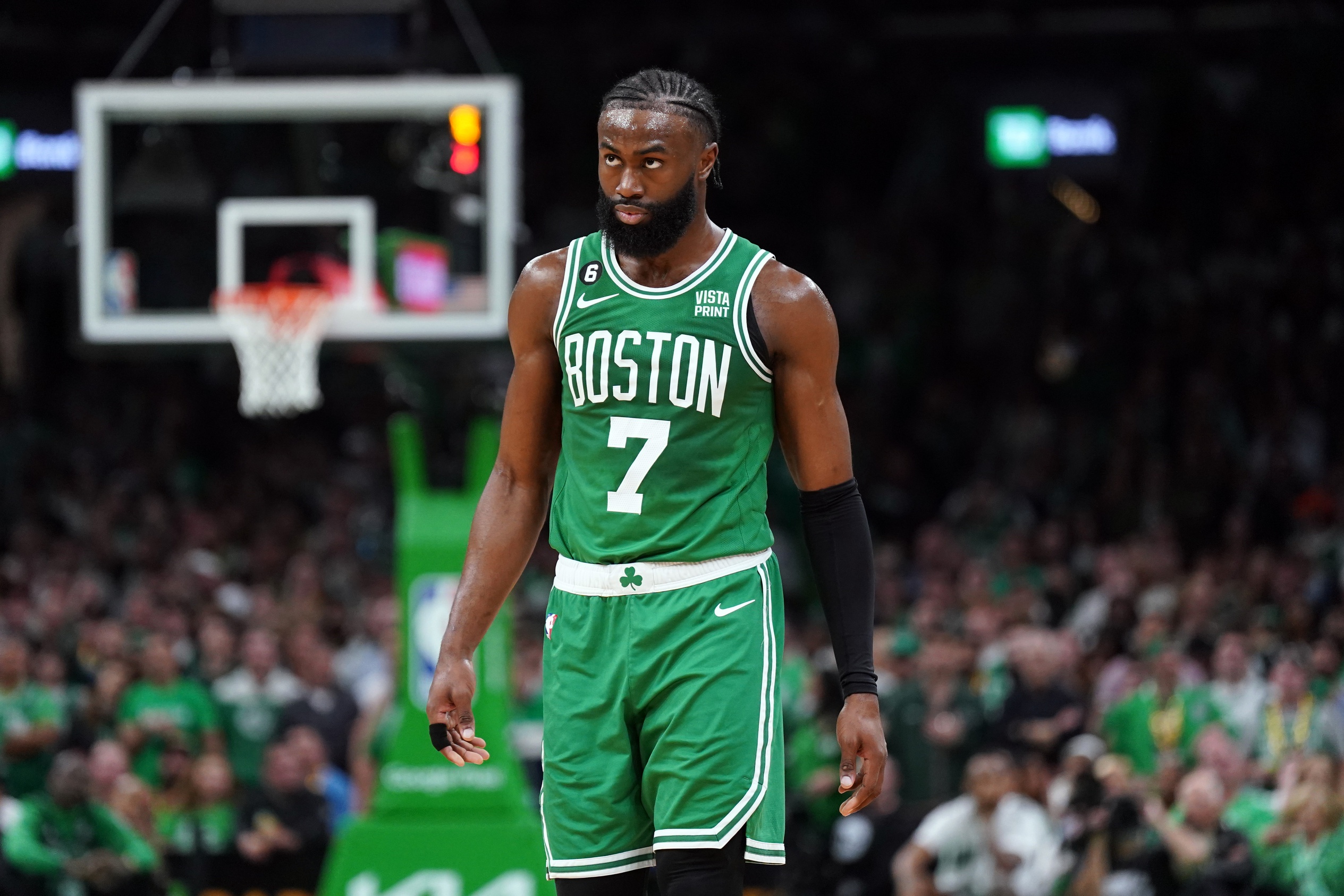 May 29, 2023; Boston, Massachusetts, USA; Boston Celtics guard Jaylen Brown (7) reacts in the second quarter against the Miami Heat during game seven of the Eastern Conference Finals for the 2023 NBA playoffs at TD Garden. Mandatory Credit: David Butler II-USA TODAY Sports