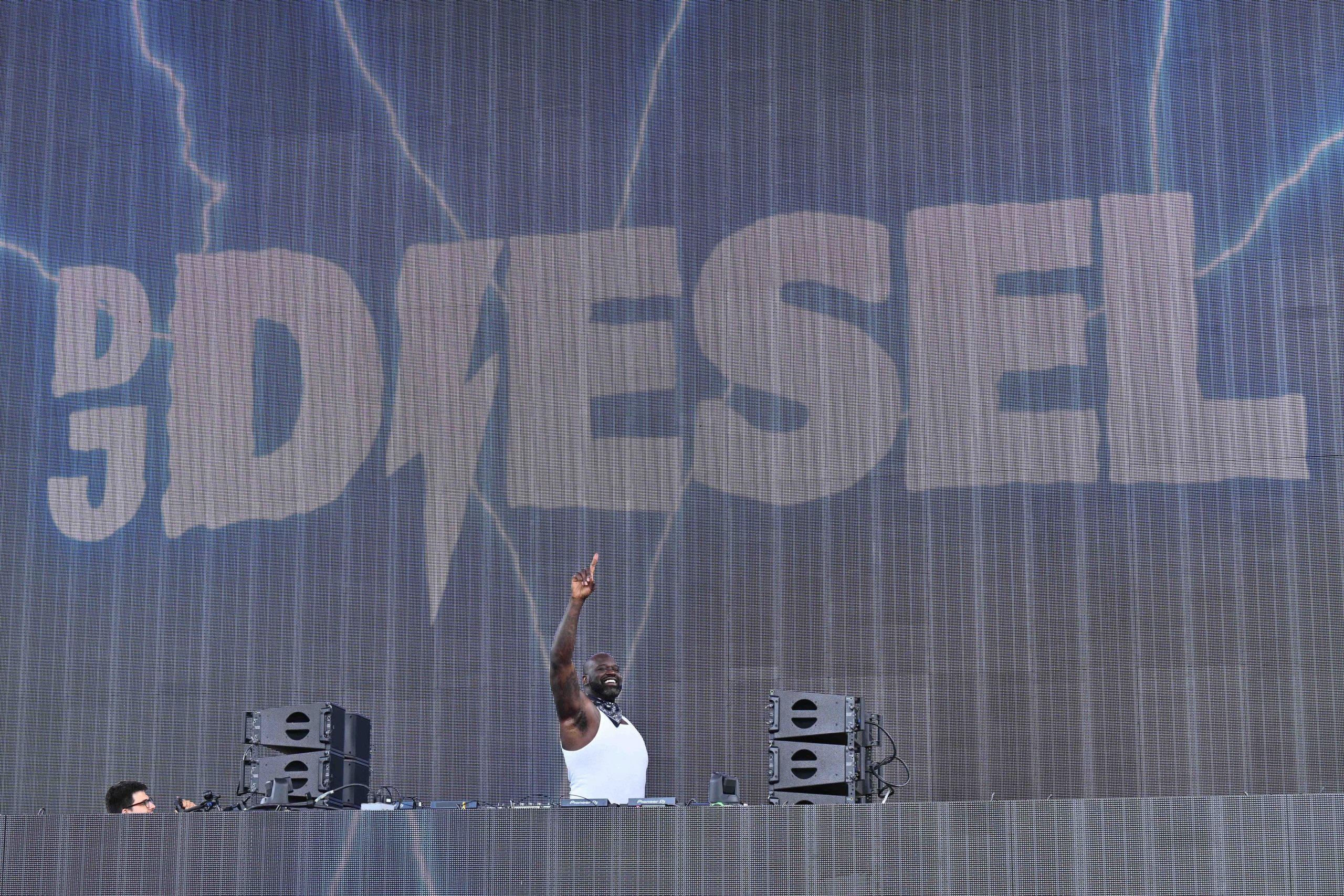 Jul 8, 2023; Chicago, Illinois, USA; Shaquille O'Neal, AKA DJ Diesel, performs before the game between the San Diego Legion and the New England Free Jacks at Seat Geek Stadium. Mandatory Credit: Jamie Sabau-USA TODAY Sports