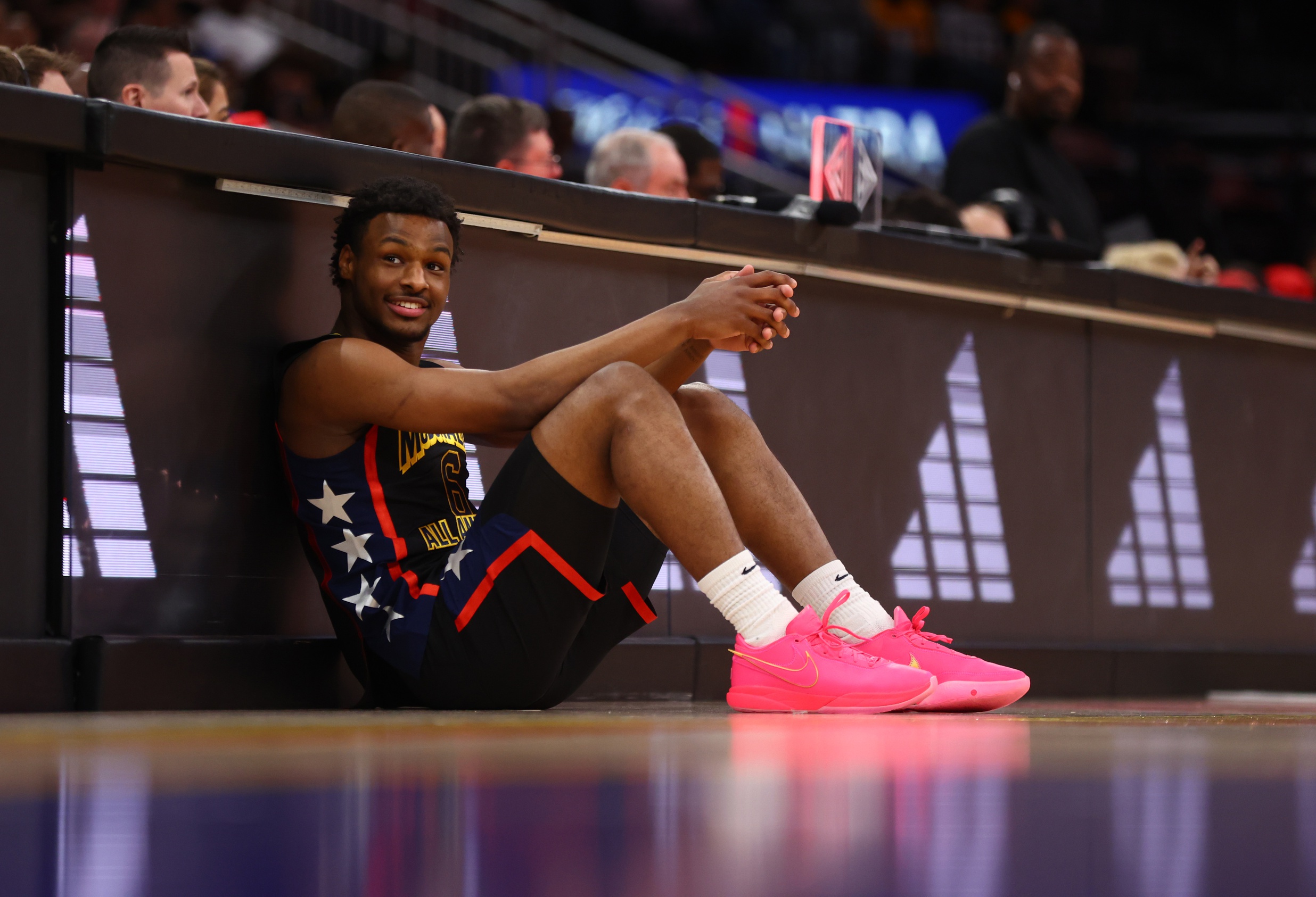 Mar 28, 2023; Houston, TX, USA; West guard Bronny James (6) during the McDonald's All American Boy's high school basketball game at Toyota Center. Mandatory Credit: Mark J. Rebilas-USA TODAY Sports