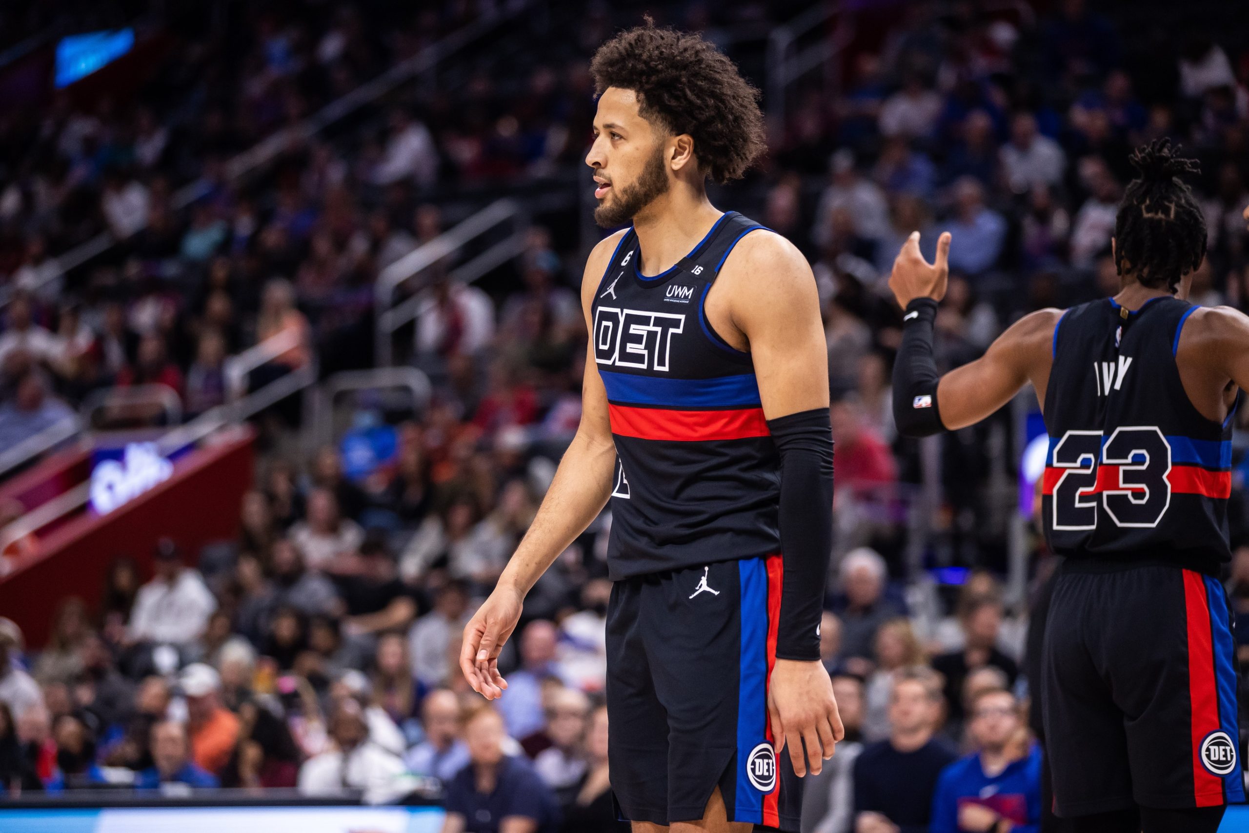 Nov 4, 2022; Detroit, Michigan, USA; Detroit Pistons guard Cade Cunningham (2) looks on in the third quarter against the Cleveland Cavaliers at Little Caesars Arena. Mandatory Credit: Allison Farrand-USA TODAY Sports