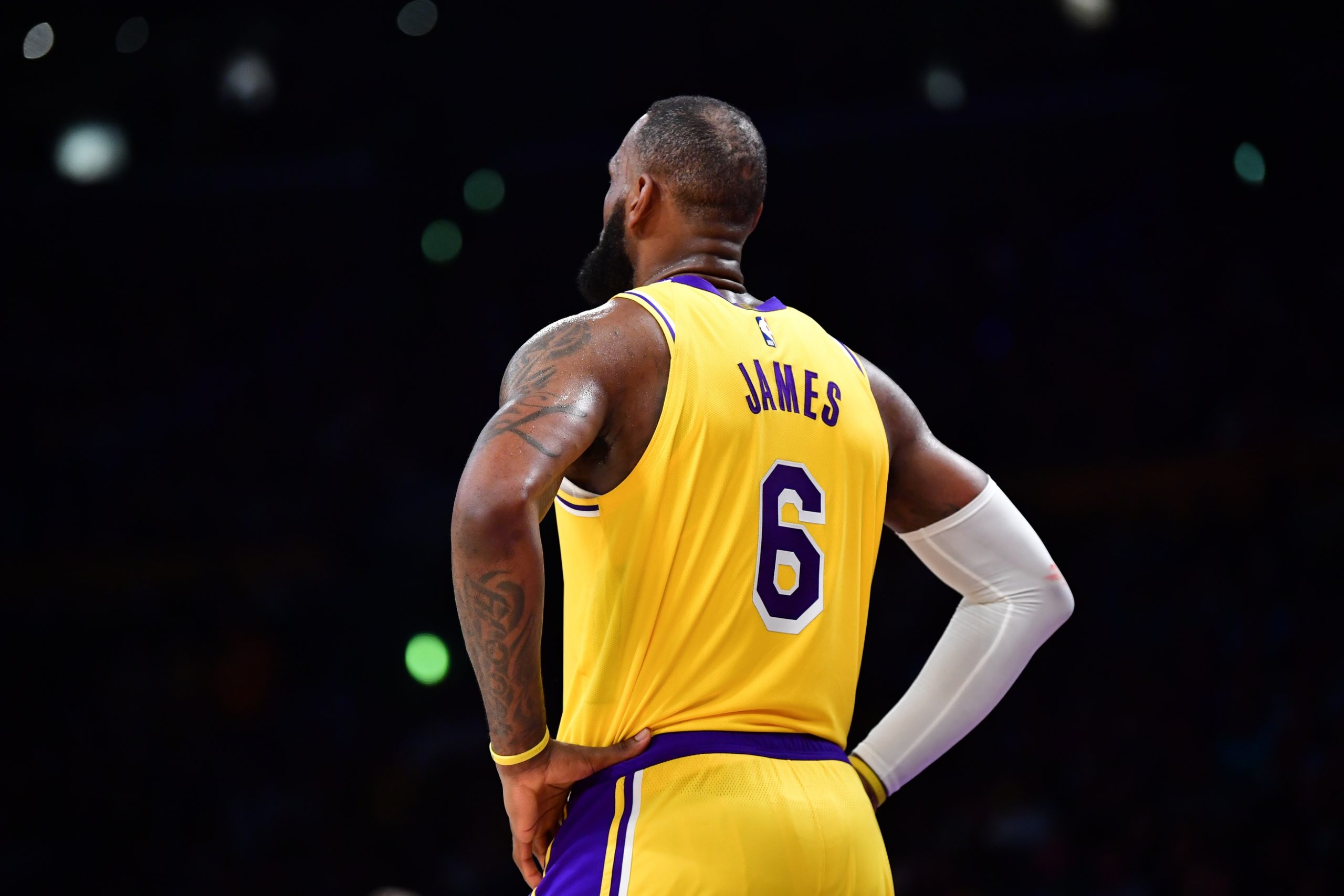 May 22, 2023; Los Angeles, California, USA; Los Angeles Lakers forward LeBron James (6) looks down the court during the second quarter against the Denver Nuggets in game four of the Western Conference Finals for the 2023 NBA playoffs at Crypto.com Arena. Mandatory Credit: Gary A. Vasquez-USA TODAY Sports