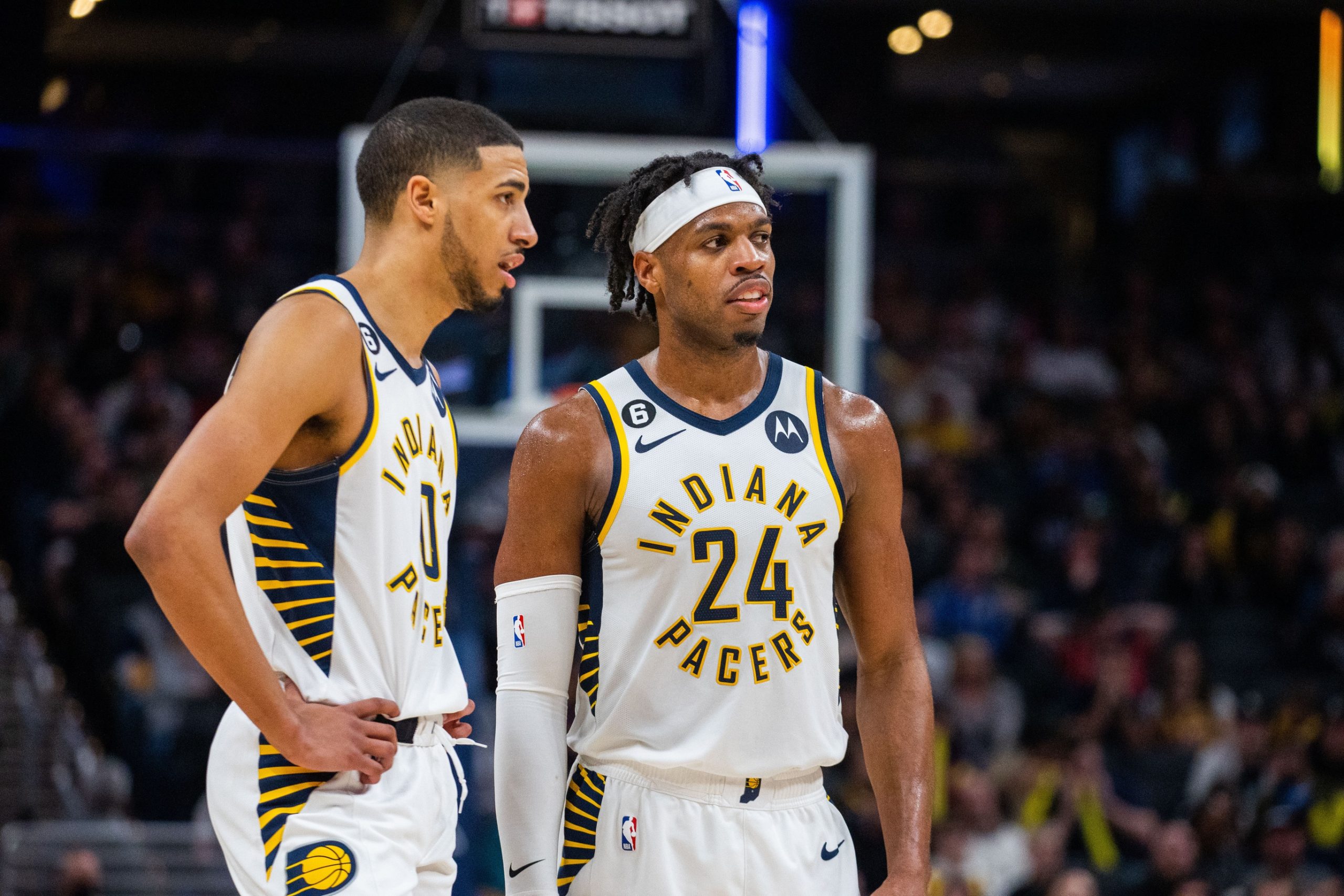 Feb 15, 2023; Indianapolis, Indiana, USA; Indiana Pacers guard Tyrese Haliburton (0) and guard Buddy Hield (24) in the second half against the Chicago Bulls at Gainbridge Fieldhouse. Mandatory Credit: Trevor Ruszkowski-USA TODAY Sports