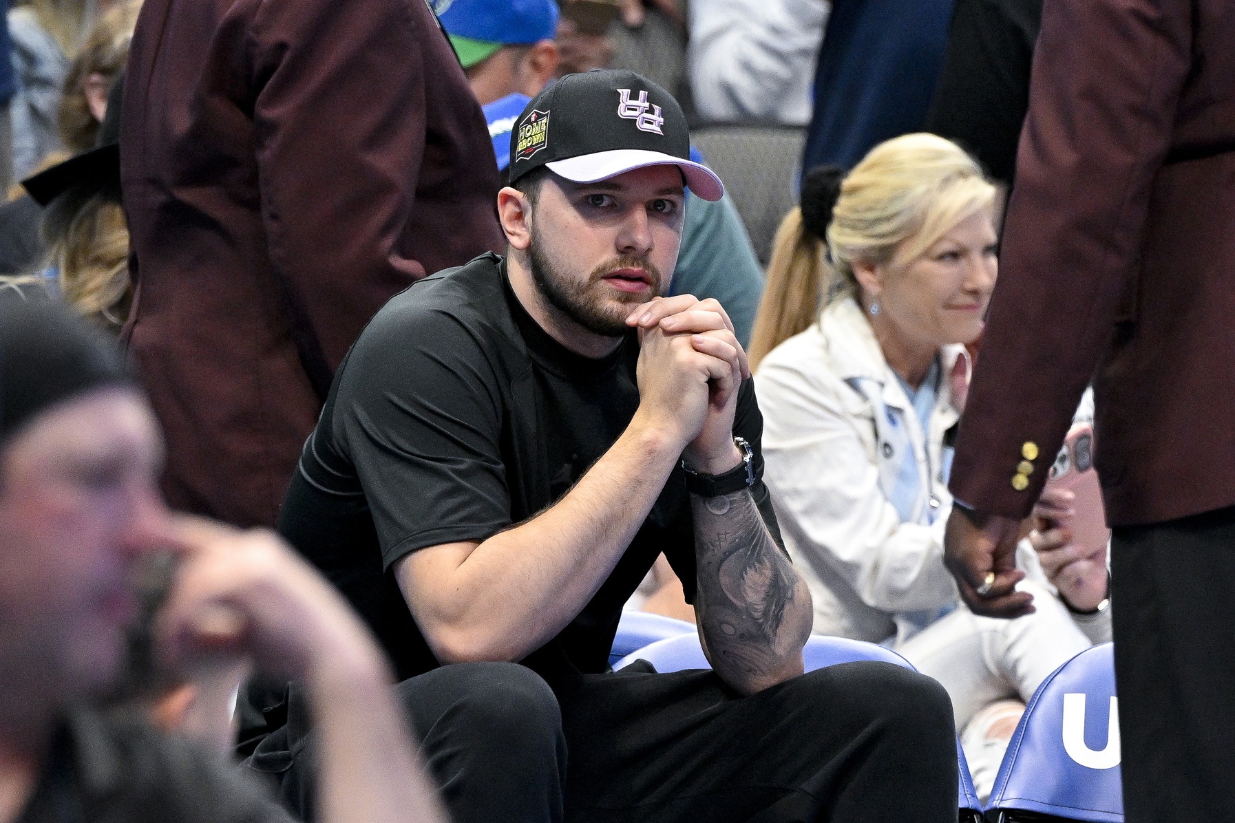 Apr 9, 2023; Dallas, Texas, USA; Dallas Mavericks guard Luka Doncic (77) sits by himself during a timeout in the game between the Dallas Mavericks and the San Antonio Spurs at the American Airlines Center. Mandatory Credit: Jerome Miron-USA TODAY Sports