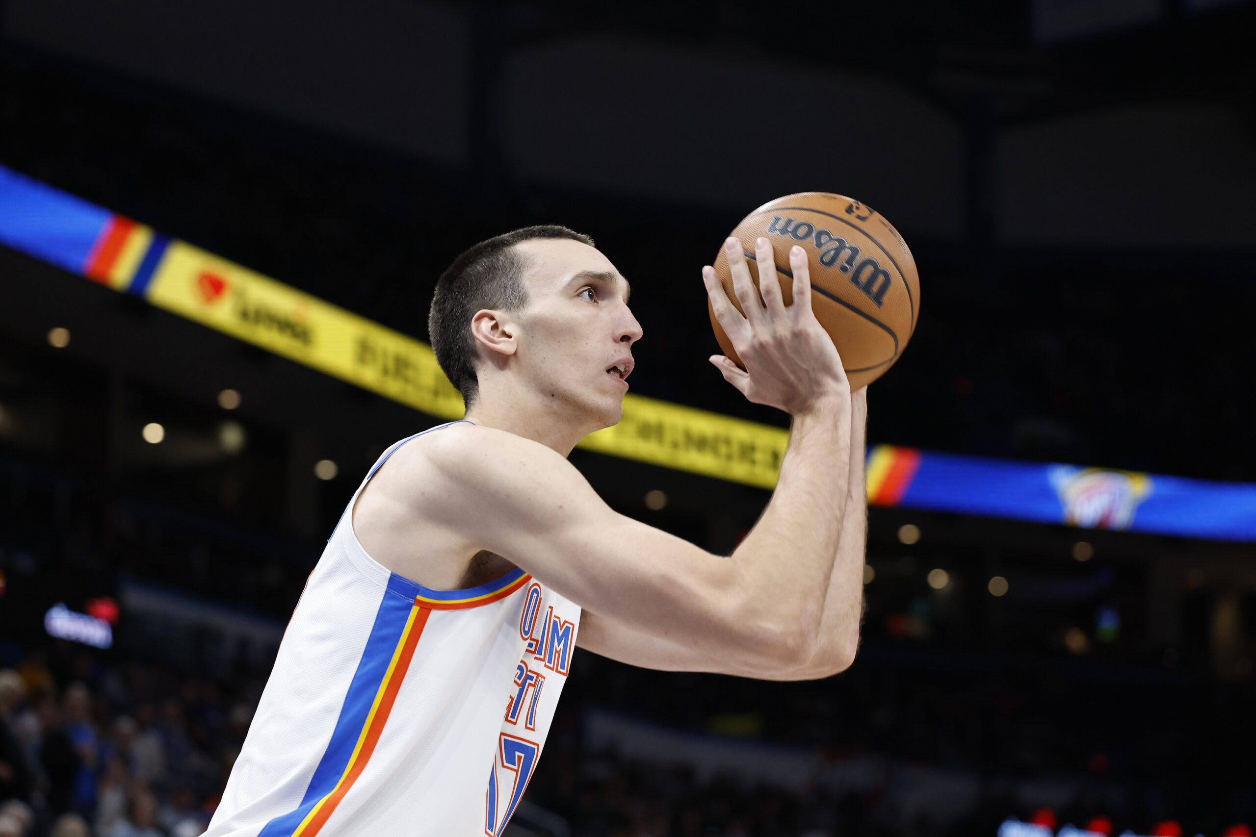 Dec 21, 2022; Oklahoma City, Oklahoma, USA; Oklahoma City Thunder forward Aleksej Pokusevski (17) shoots against the Portland Trail Blazers during the second half at Paycom Center. Oklahoma City won 101-98. Mandatory Credit: Alonzo Adams-USA TODAY Sports