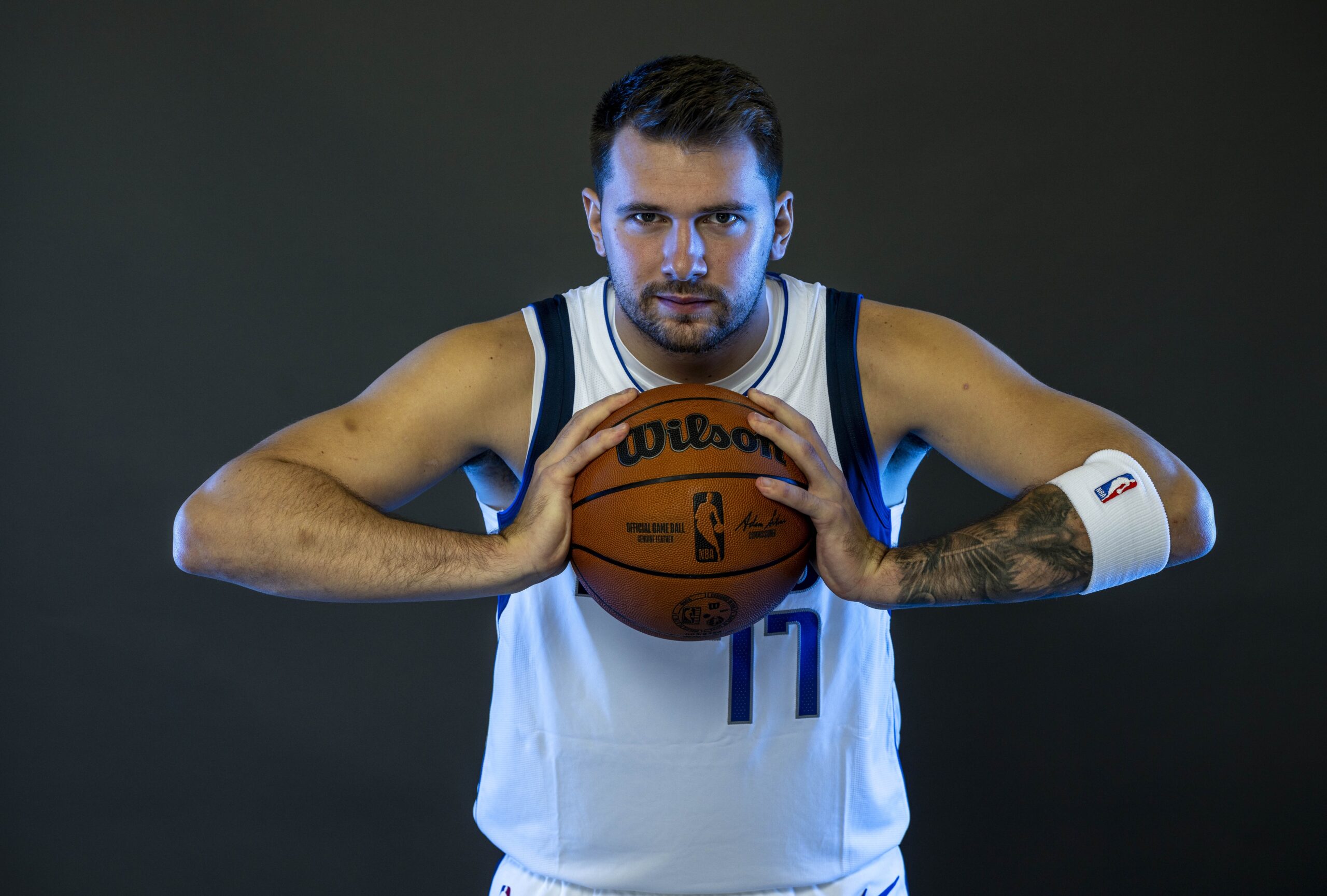 Sep 29, 2023; Dallas, TX, USA; Dallas Mavericks guard Luka Doncic (77) poses for a photo during the Mavs Media Day at the American Airlines Center. Mandatory Credit: Jerome Miron-USA TODAY Sports