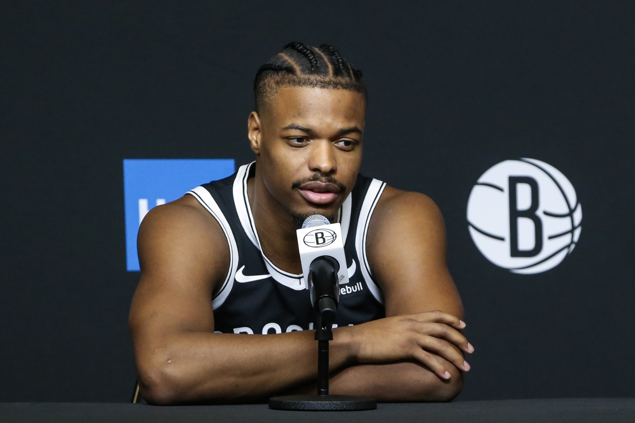 Oct 2, 2023; Brooklyn, NY, USA; Brooklyn Nets guard Dennis Smith Jr. (4) at Brooklyn Nets Media Day. Mandatory Credit: Wendell Cruz-USA TODAY Sports