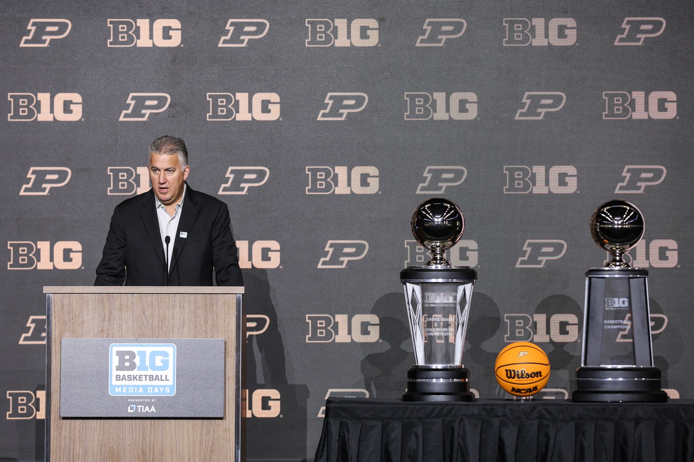 Oct 10, 2023; Minneapolis, MN, USA; Purdue Boilermakers head coach Matt Painter speaks to the media during the Big Ten basketball media days at Target Center. Mandatory Credit: Matt Krohn-USA TODAY Sports