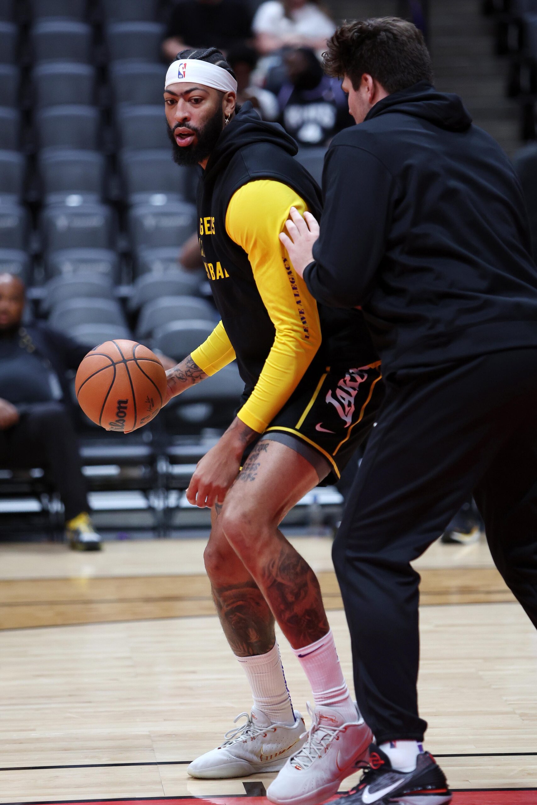 Oct 11, 2023; Anaheim, California, USA; Los Angeles Lakers forward Anthony Davis (3) warms up before the game against the Sacramento Kings at Honda Center. Mandatory Credit: Kiyoshi Mio-USA TODAY Sports