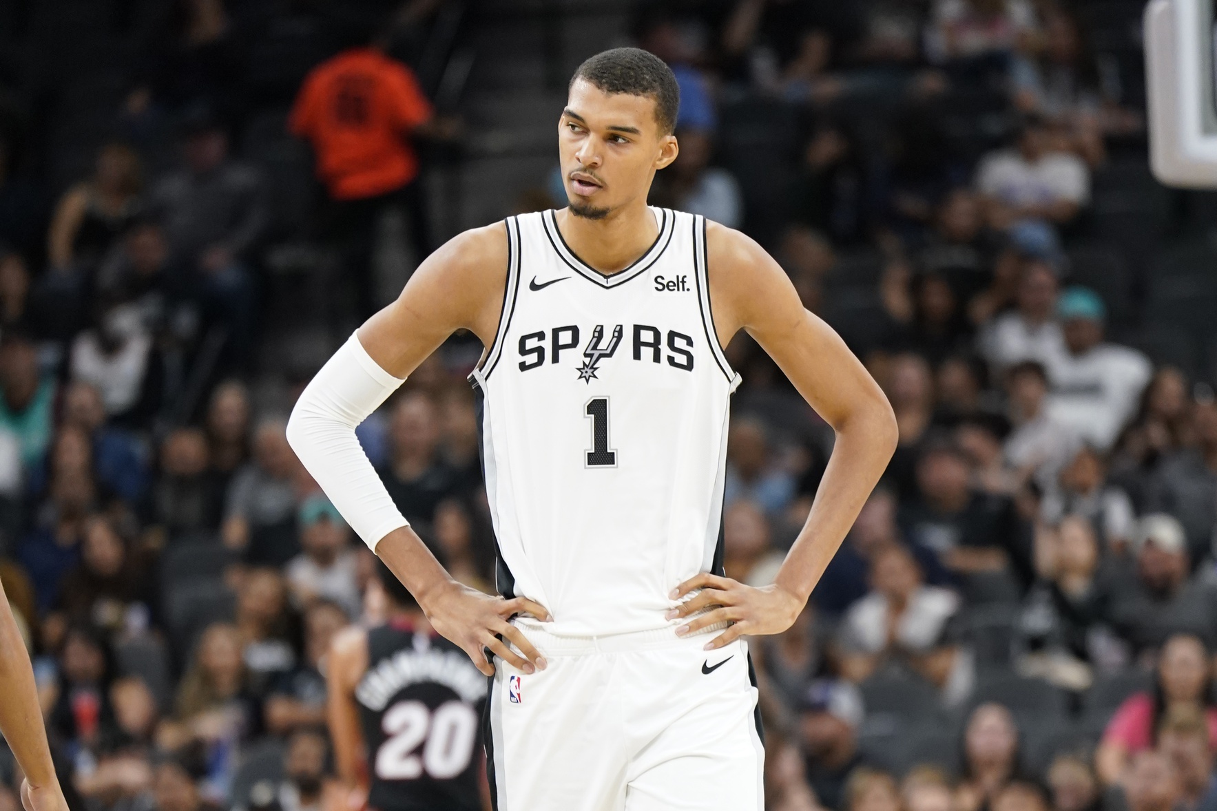 Oct 13, 2023; San Antonio, Texas, USA; San Antonio Spurs center Victor Wembanyama (1) reacts during the first half against the Miami Heat at Frost Bank Center. Mandatory Credit: Scott Wachter-USA TODAY Sports