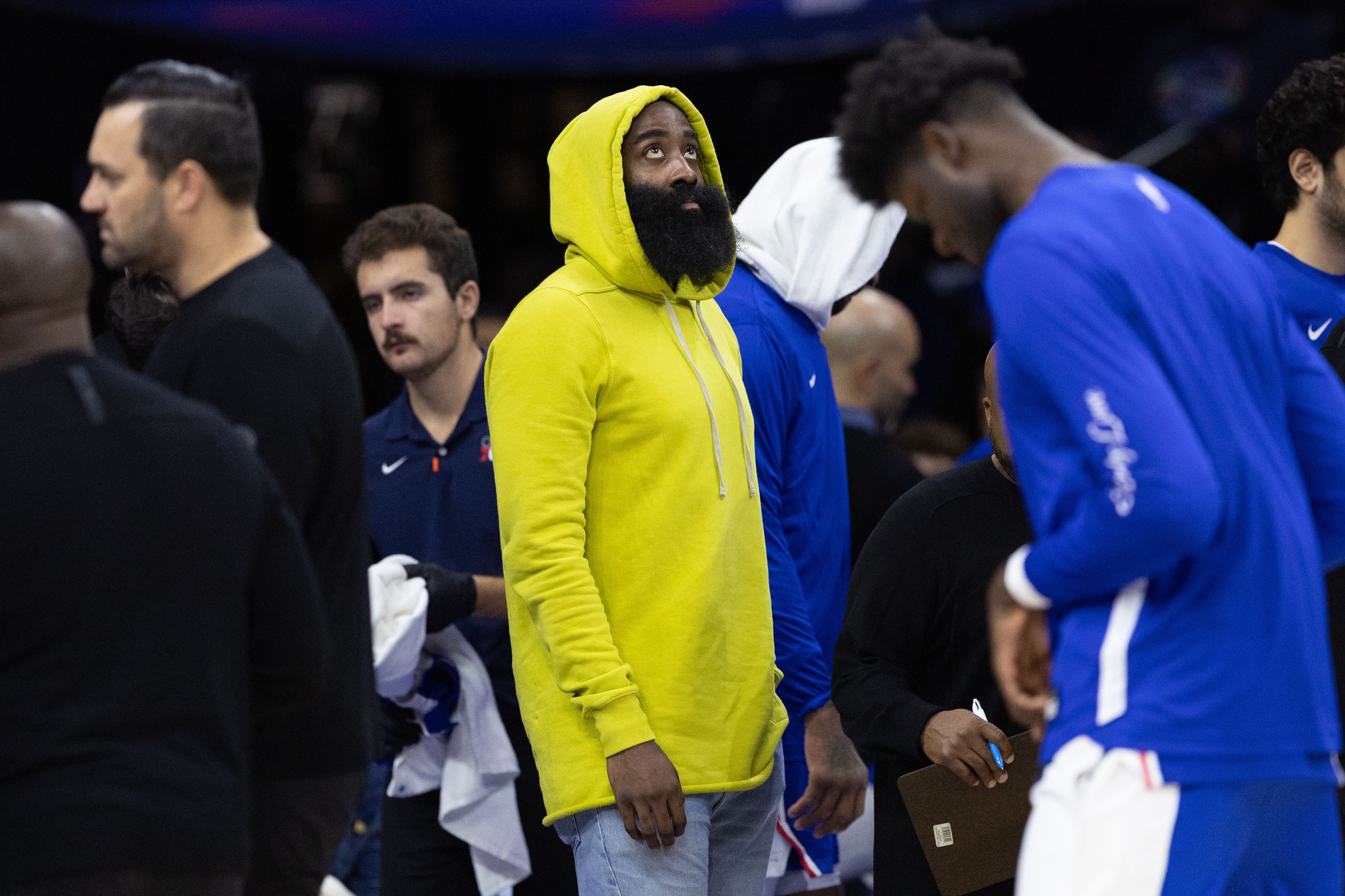 Oct 29, 2023; Philadelphia, Pennsylvania, USA; Philadelphia 76ers guard James Harden looks on during a timeout in the second quarter against the Portland Trail Blazers at Wells Fargo Center.