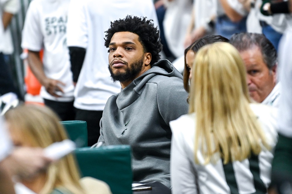 Former Michigan State basketball player Miles Bridges looks on during the first half in the game against Indiana on Tuesday, Feb. 21, 2023, at the Breslin Center in East Lansing.