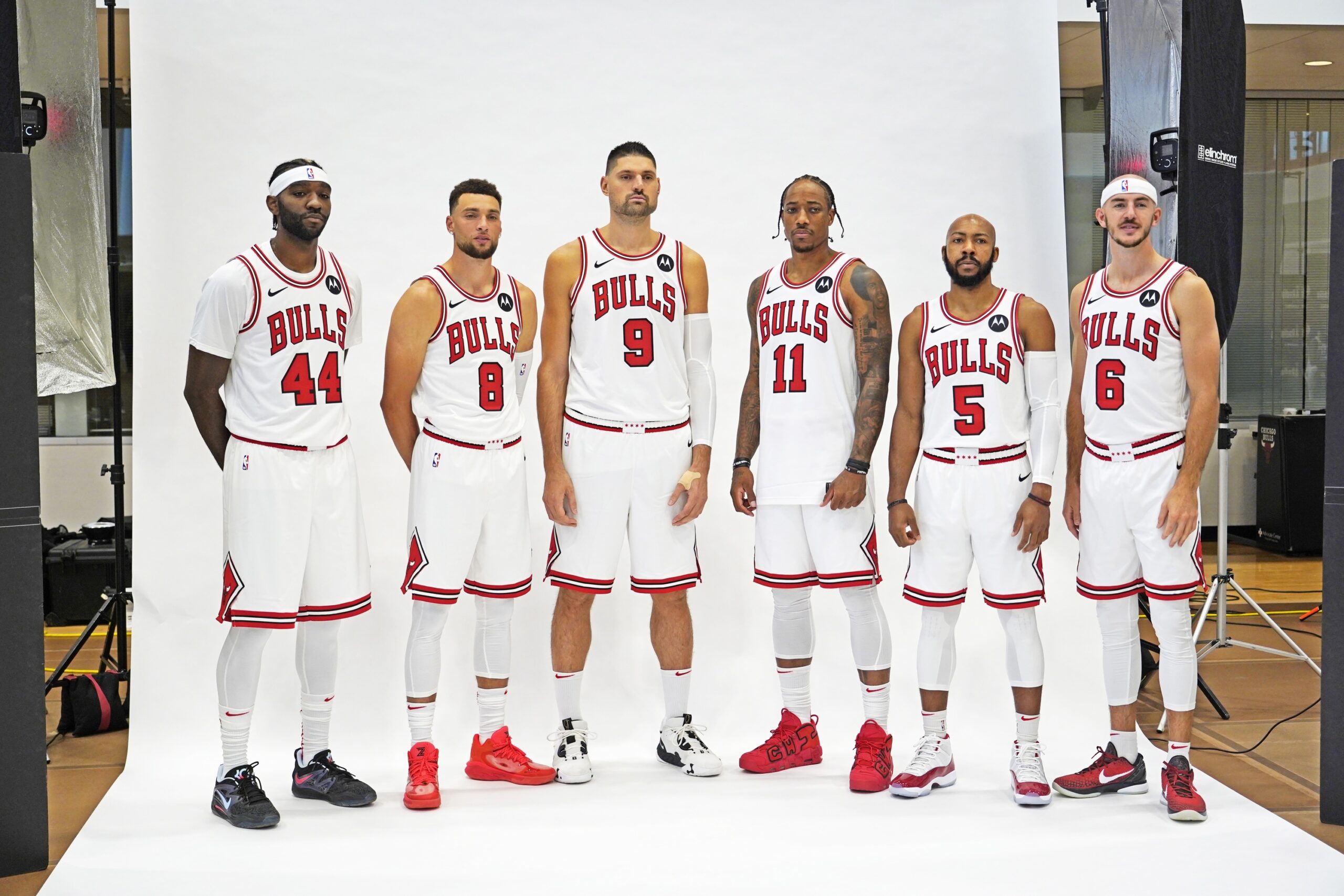 Chicago Bulls forward Patrick Williams (44), guard Zach LaVine (8), center Nikola Vucevic (9), forward DeMar DeRozan (11), guard Jevon Carter (5), and guard Alex Caruso (6) during Chicago Bulls Media Day at Advocate Center.