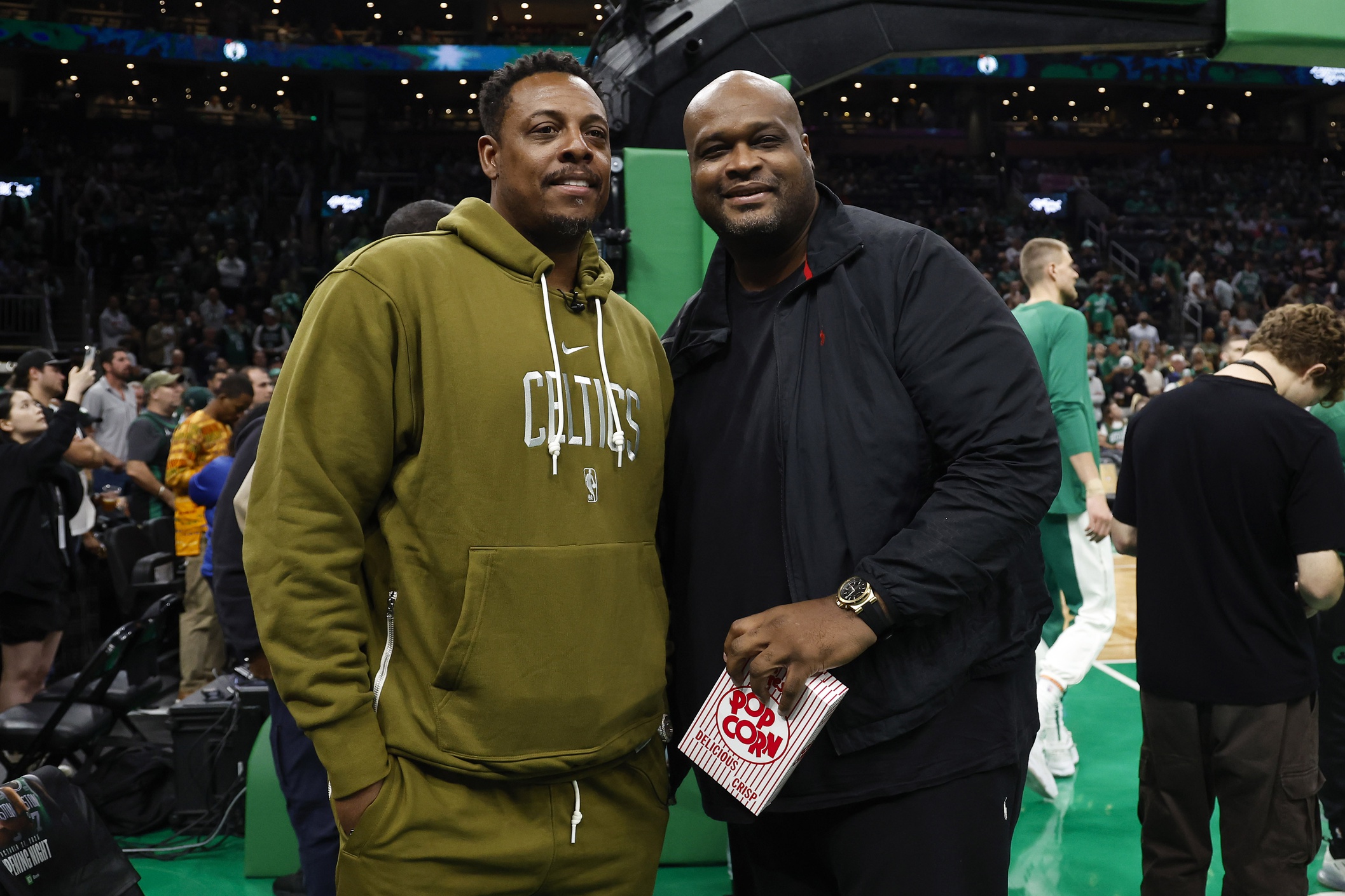 Former Boston Celtics great Paul Pierce (left) and Antoine Walker before the game between the Boston Celtics and the Miami Heat at TD Garden.