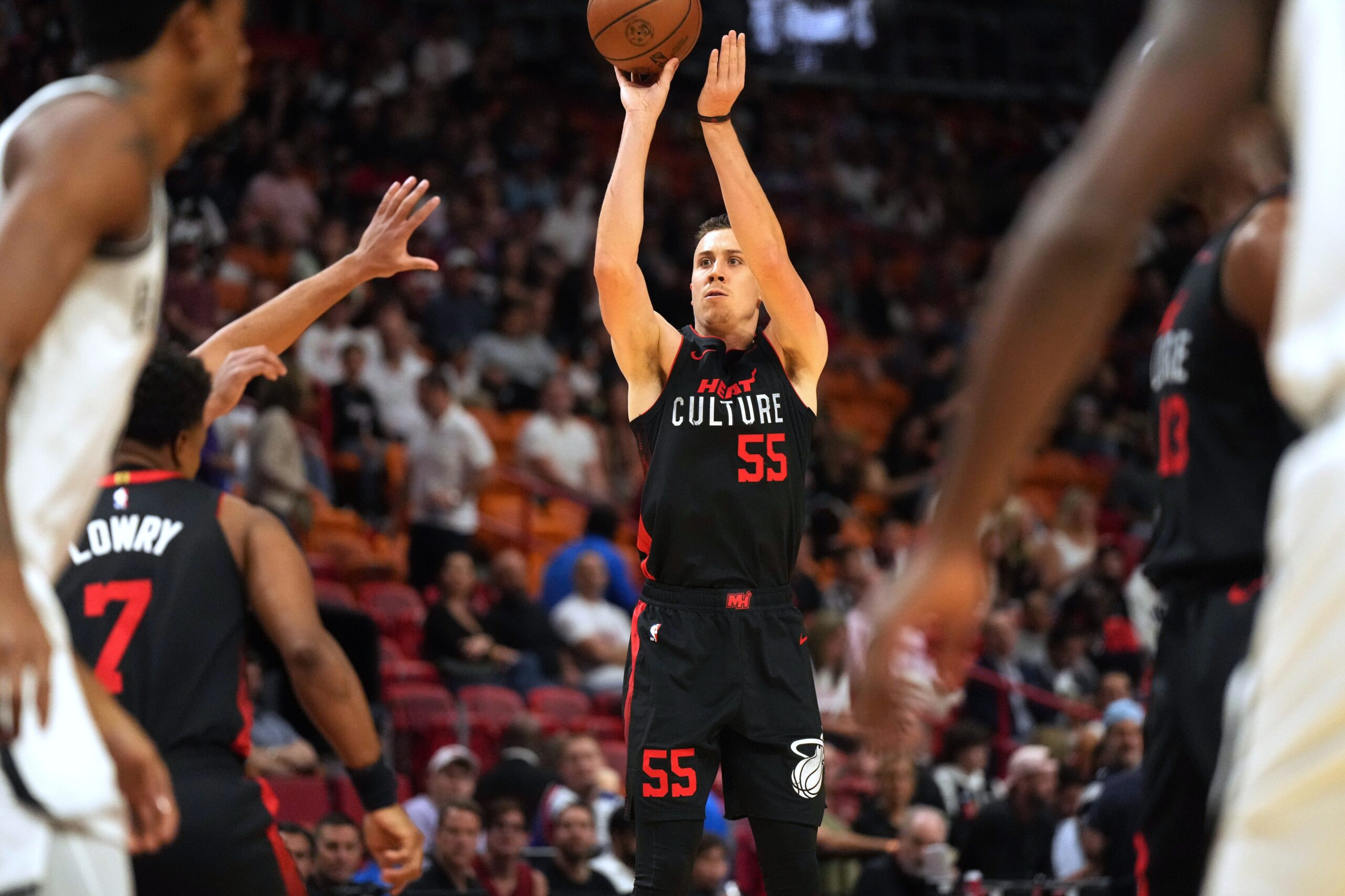 Miami Heat forward Duncan Robinson (55) takes a shot against the Brooklyn Nets in the first half at Kaseya Center.