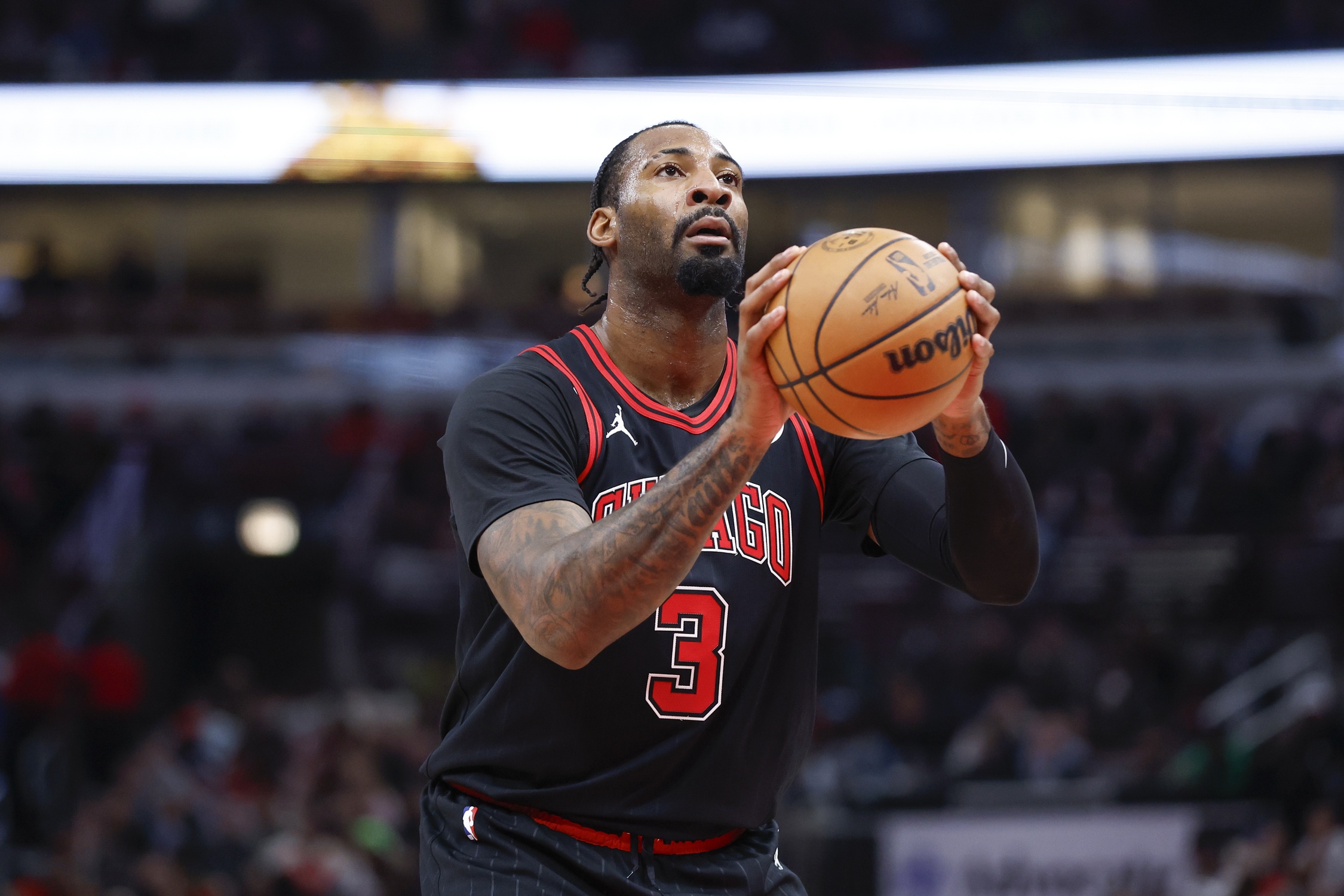 Chicago Bulls center Andre Drummond (3) shots a free throw against the Philadelphia 76ers during the first half at United Center.