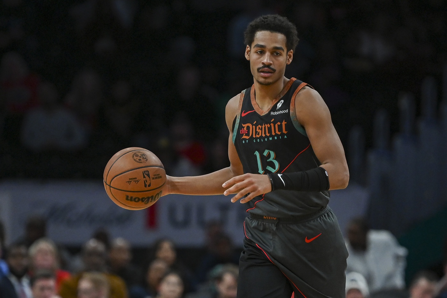 Dec 15, 2023; Washington, District of Columbia, USA; Washington Wizards guard Jordan Poole (13) dribbles during the game against the Indiana Pacers at Capital One Arena. Washington Wizards defeated Indiana Pacers 137-123. Mandatory Credit: Tommy Gilligan-USA TODAY Sports