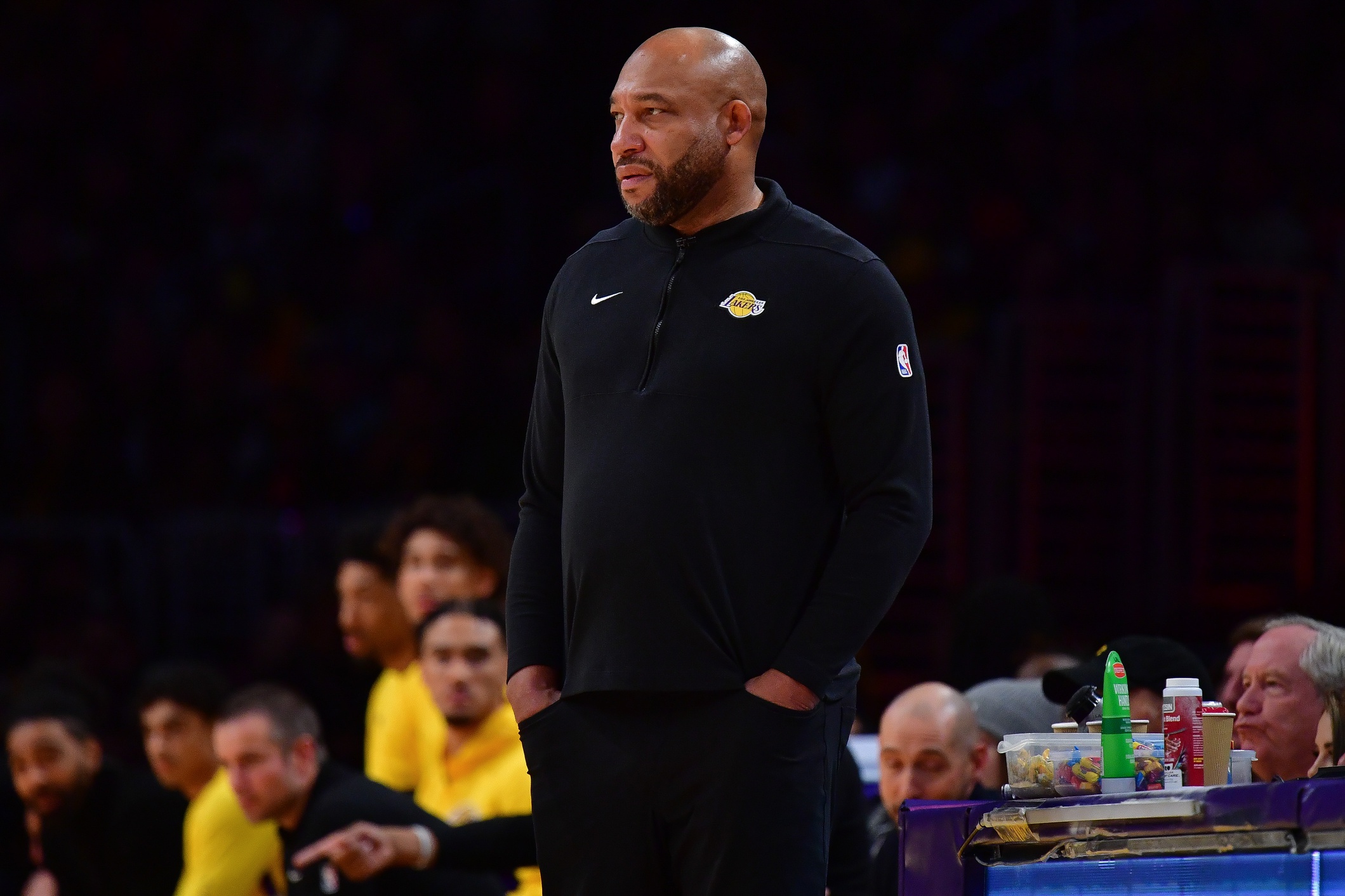 Jan 3, 2024; Los Angeles, California, USA; Los Angeles Lakers head coach Darvin Ham watches game action against the Miami Heat during the first half at Crypto.com Arena. Mandatory Credit: Gary A. Vasquez-USA TODAY Sports