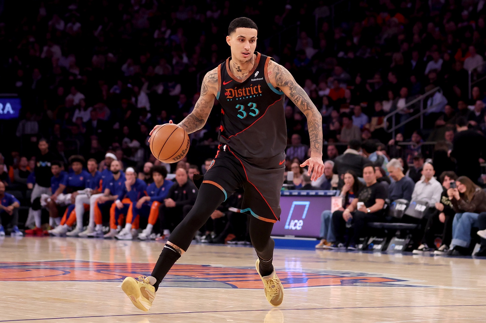 Jan 18, 2024; New York, New York, USA; Washington Wizards forward Kyle Kuzma (33) controls the ball against the New York Knicks during the third quarter at Madison Square Garden. Mandatory Credit: Brad Penner-USA TODAY Sports