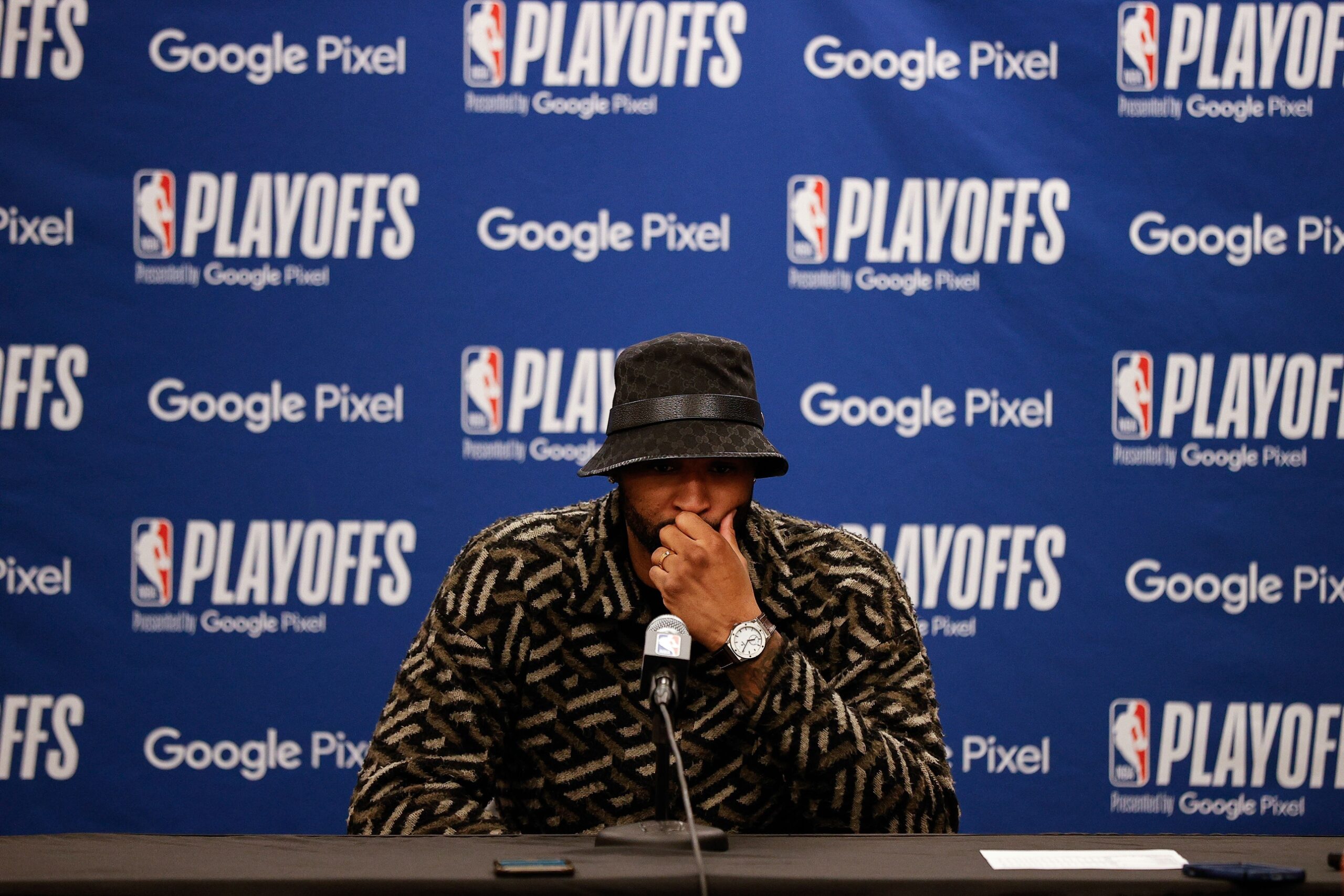 Apr 21, 2022; Denver, Colorado, USA; Denver Nuggets center DeMarcus Cousins (4) is interviewed after game three of the first round for the 2022 NBA playoffs against the Golden State Warriors at Ball Arena. Mandatory Credit: Isaiah J. Downing-USA TODAY Sports