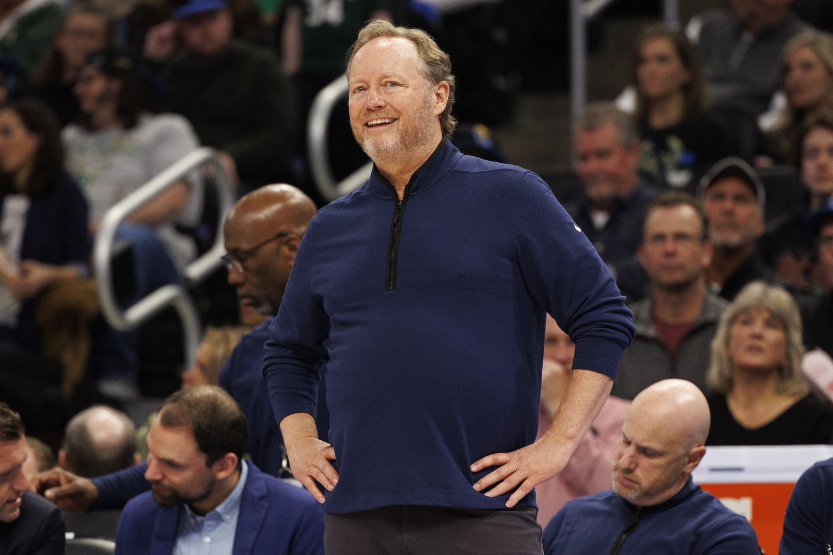 Mar 22, 2023; Milwaukee, Wisconsin, USA; Milwaukee Bucks head coach Mike Budenholzer looks on during the fourth quarter against the San Antonio Spurs at Fiserv Forum. Mandatory Credit: Jeff Hanisch-USA TODAY Sports