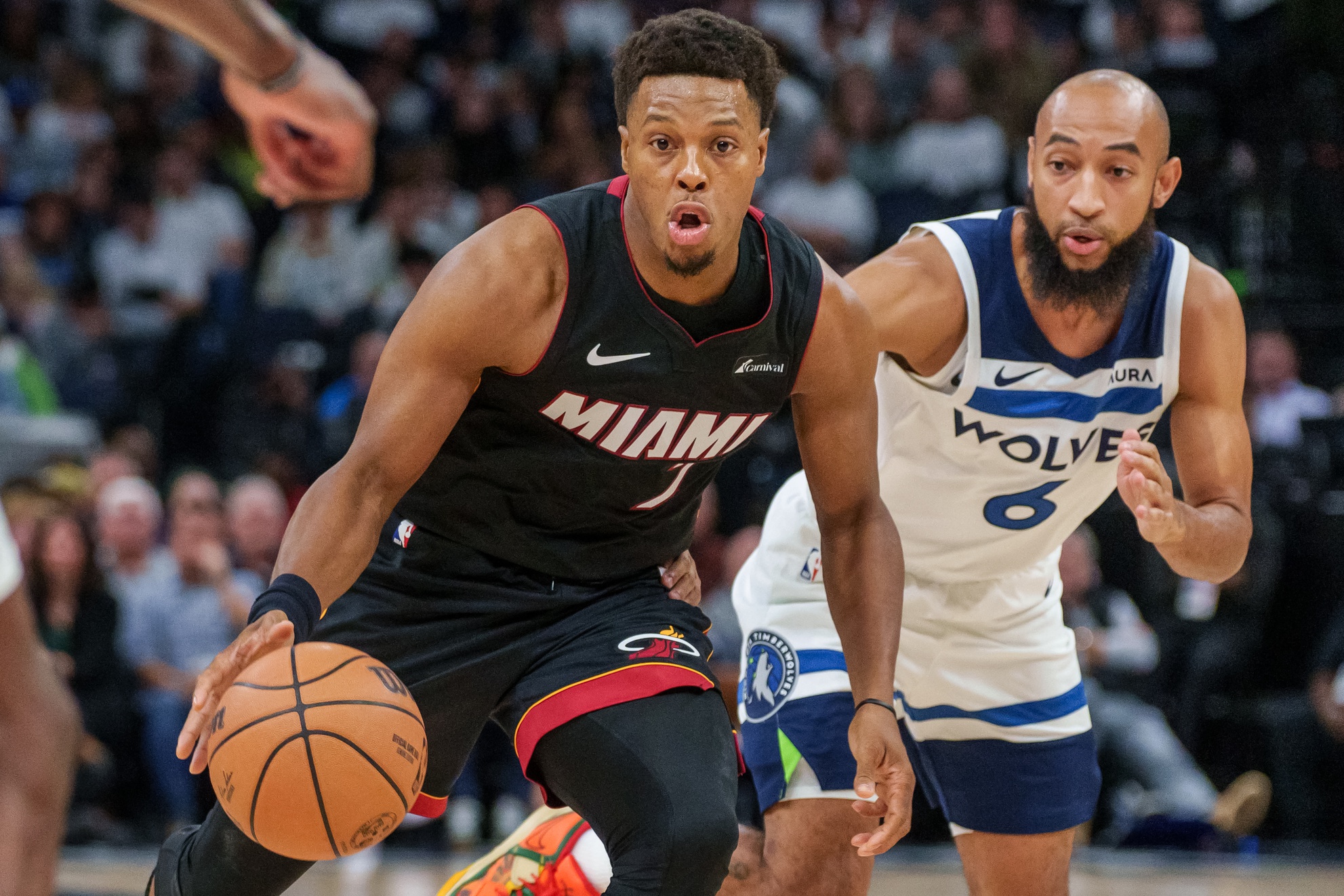 Oct 28, 2023; Minneapolis, Minnesota, USA; Miami Heat guard Kyle Lowry (7) brings the ball up court against the Minnesota Timberwolves in the second quarter at Target Center. Mandatory Credit: Matt Blewett-USA TODAY Sports