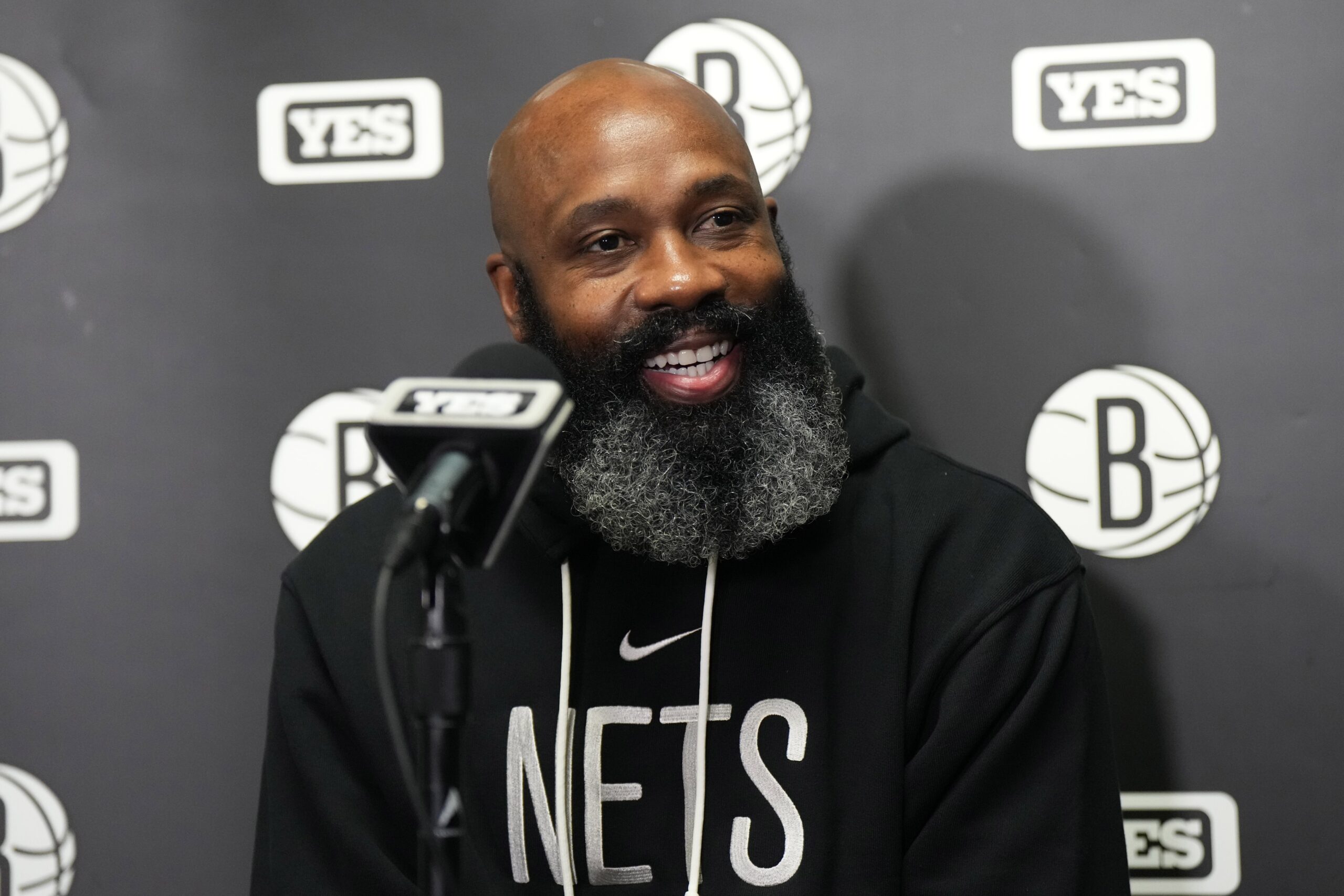 Jan 19, 2024; Los Angeles, California, USA; Brooklyn Nets coach Jacque Vaughn at a press conference during the game against the Los Angeles Lakers at Crypto.com Arena. Mandatory Credit: Kirby Lee-USA TODAY Sports