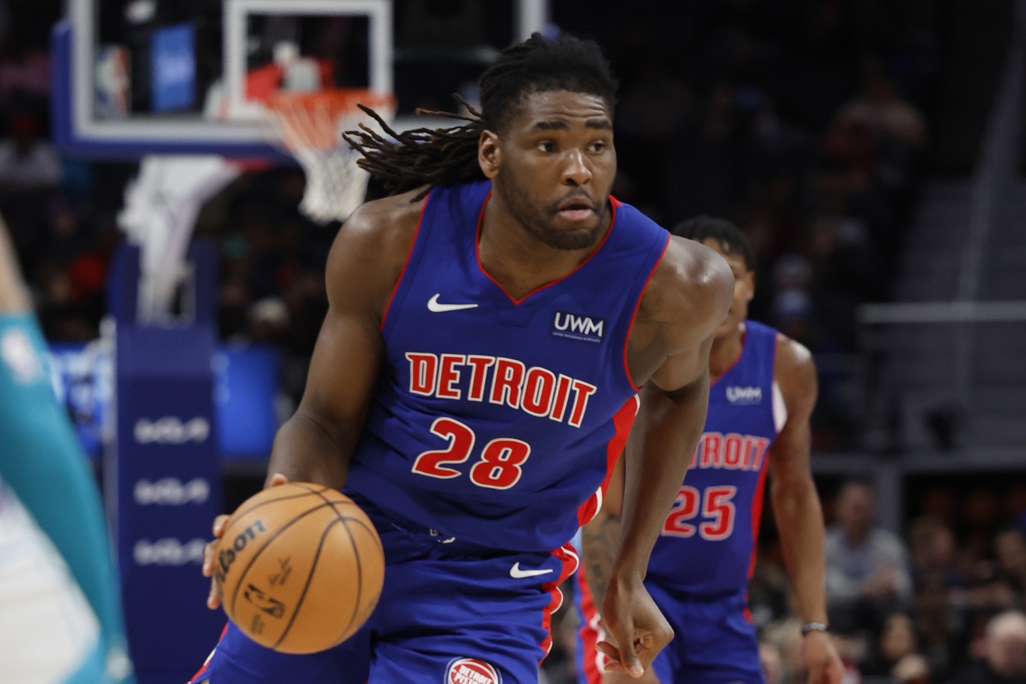 Detroit Pistons center Isaiah Stewart (28) dribbles in the first half against the Charlotte Hornets at Little Caesars Arena.