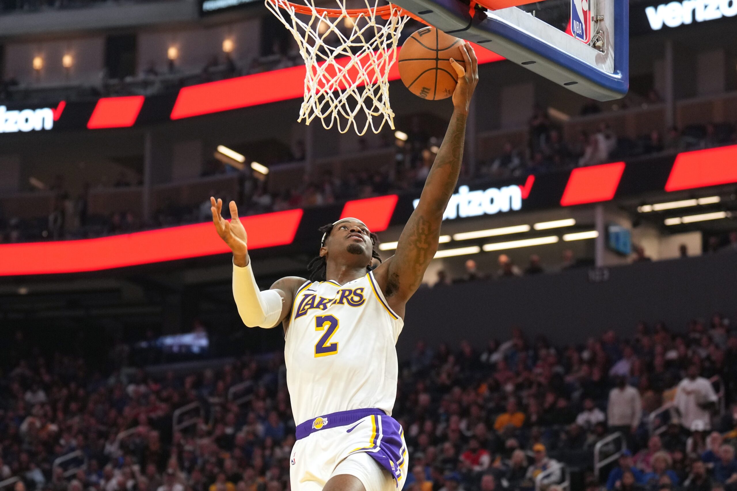 Jan 27, 2024; San Francisco, California, USA; Los Angeles Lakers forward Jarred Vanderbilt (2) scores against the Golden State Warriors during the first quarter at Chase Center. Mandatory Credit: Darren Yamashita-USA TODAY Sports