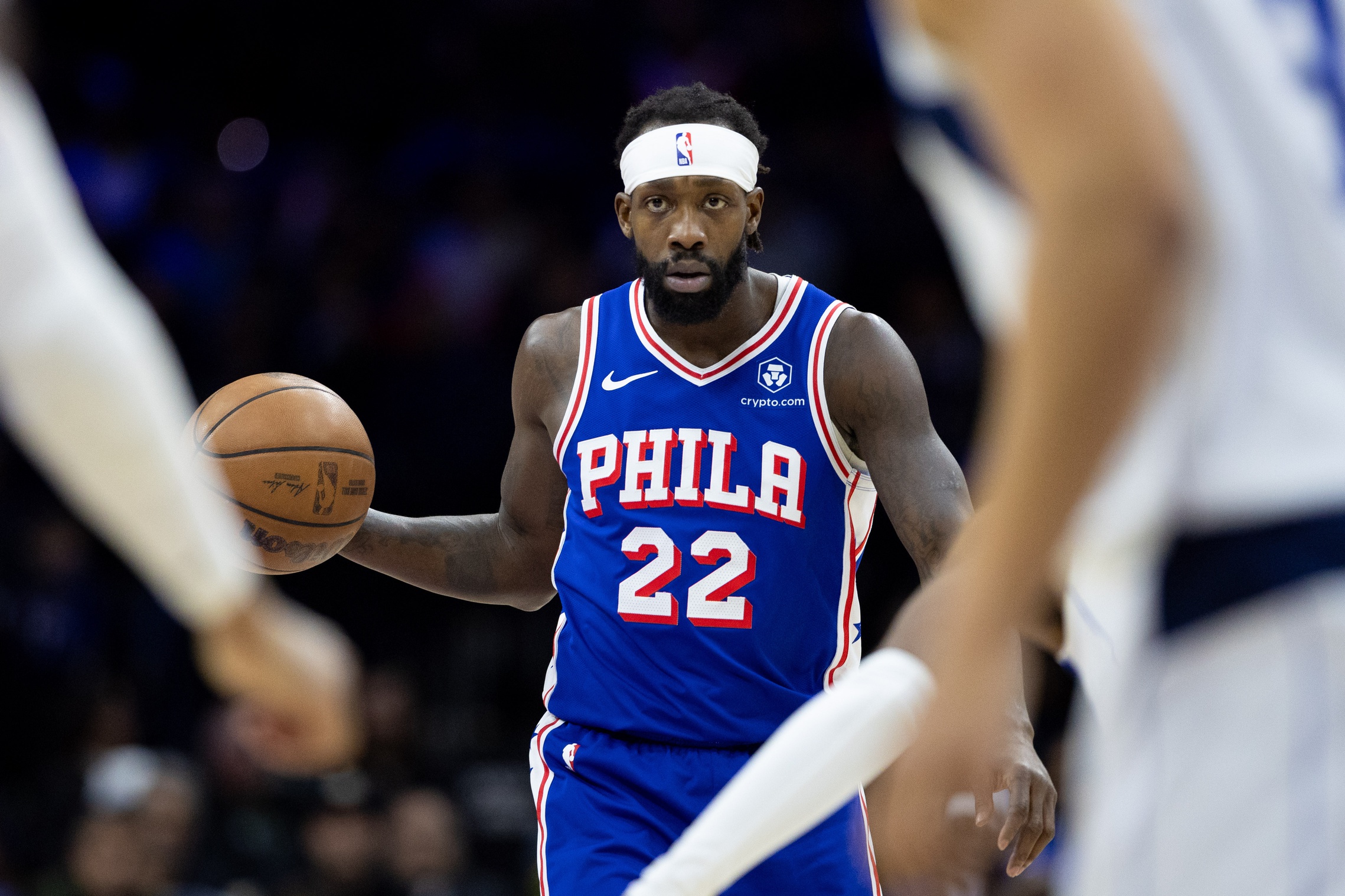 Feb 5, 2024; Philadelphia, Pennsylvania, USA; Philadelphia 76ers guard Patrick Beverley (22) dribbles the ball against the Dallas Mavericks during the fourth quarter at Wells Fargo Center. Mandatory Credit: Bill Streicher-USA TODAY Sports