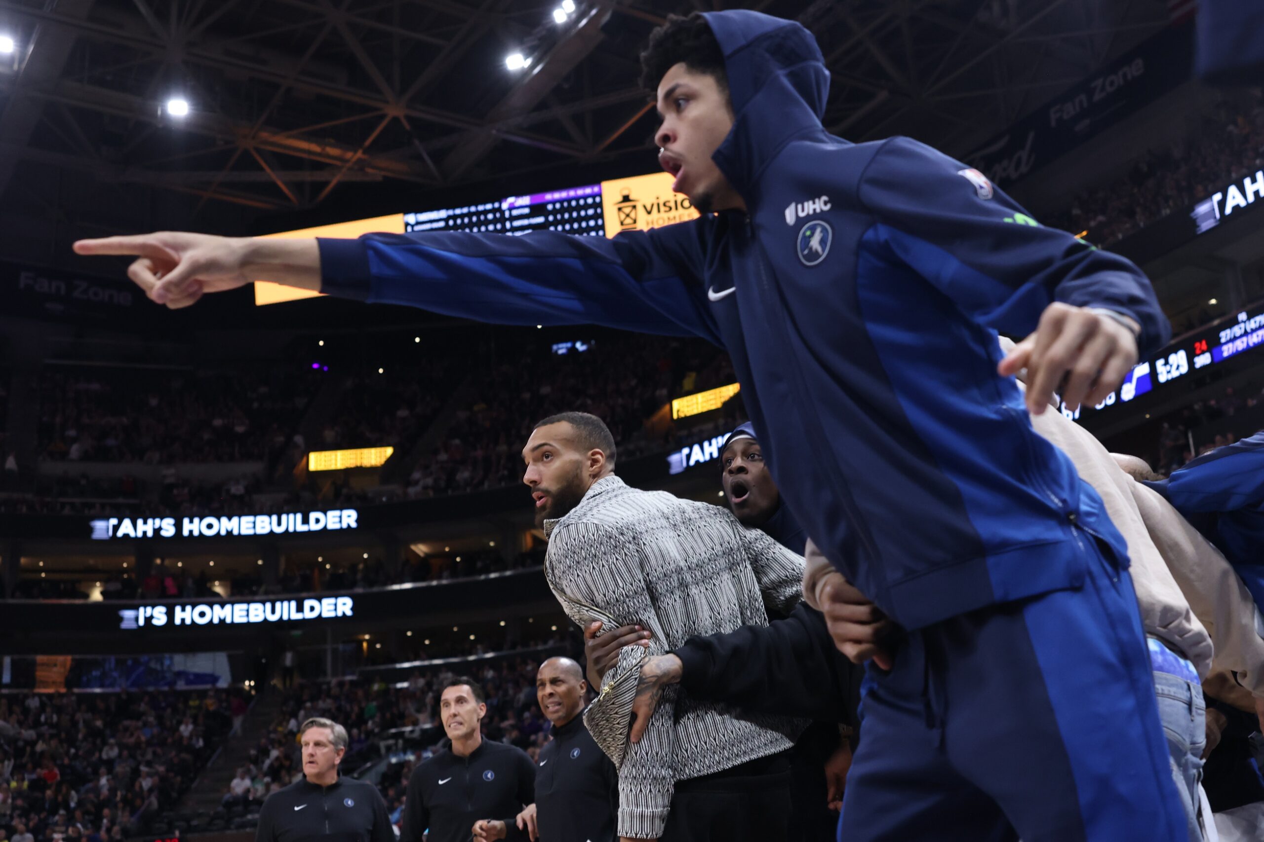 Minnesota Timberwolves bench reacts to Anthony Edwards dunk