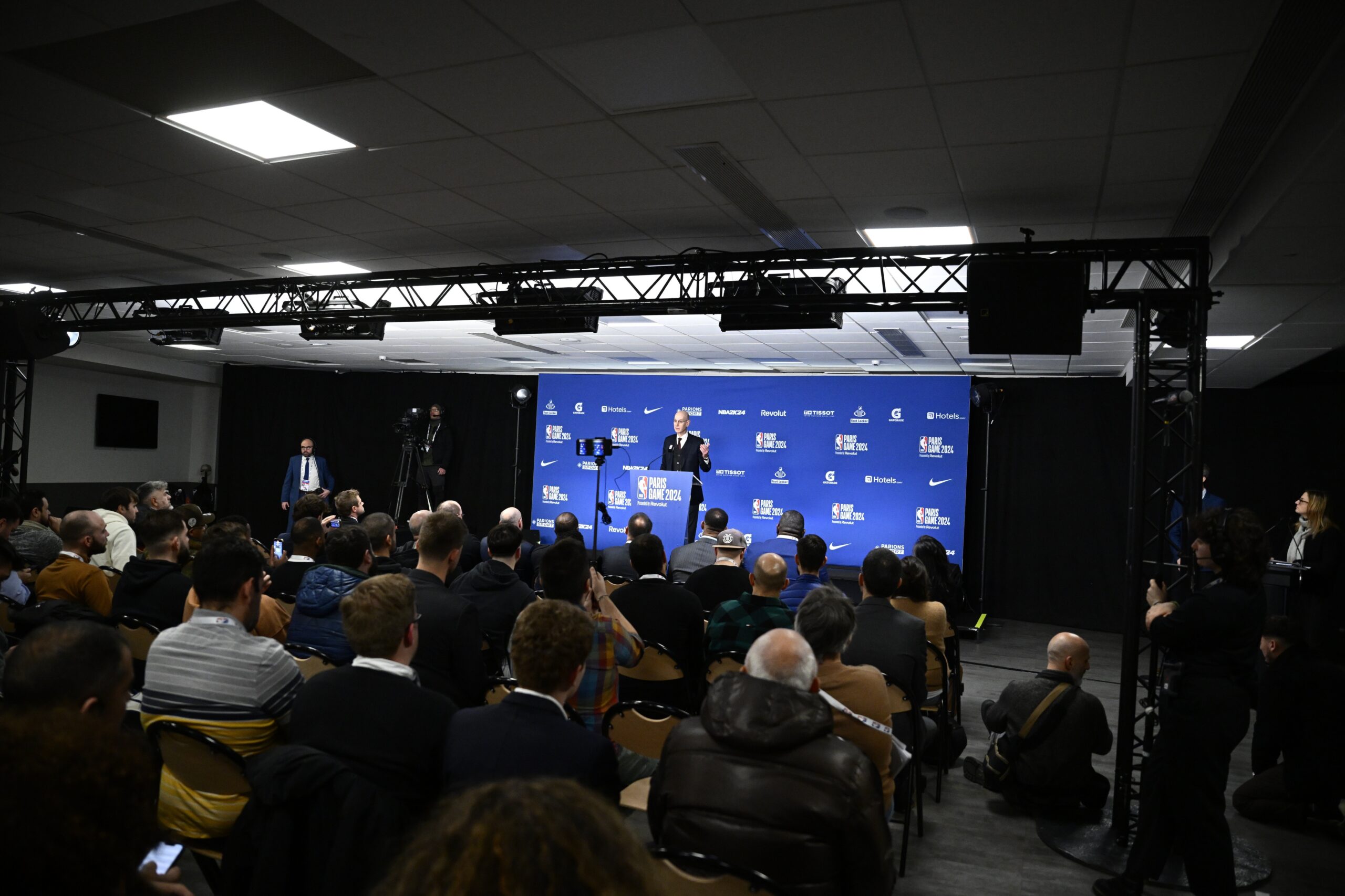 Jan 11, 2024; Paris, FRANCE; NBA commissioner Adam Silver speaks before a NBA Game between the Brooklyn Nets and the Cleveland Cavaliers at AccorHotels Arena. Mandatory Credit: Alexis Reau/Presse Sports via USA TODAY Sports