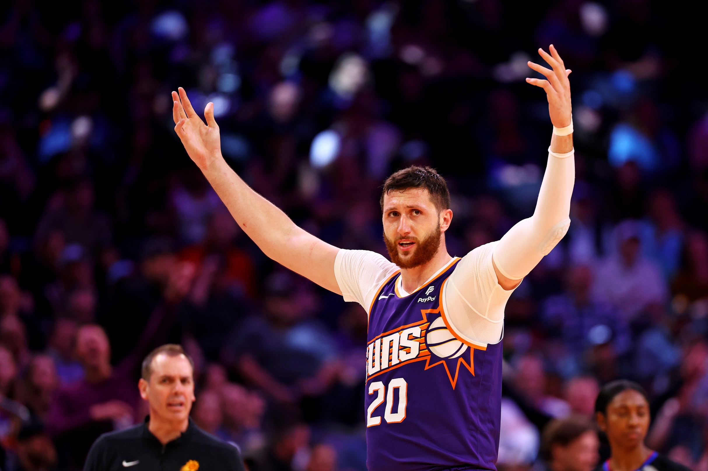 Phoenix Suns center Jusuf Nurkic (20) reacts during the fourth quarter of the game against the Oklahoma City Thunder at Footprint Center.