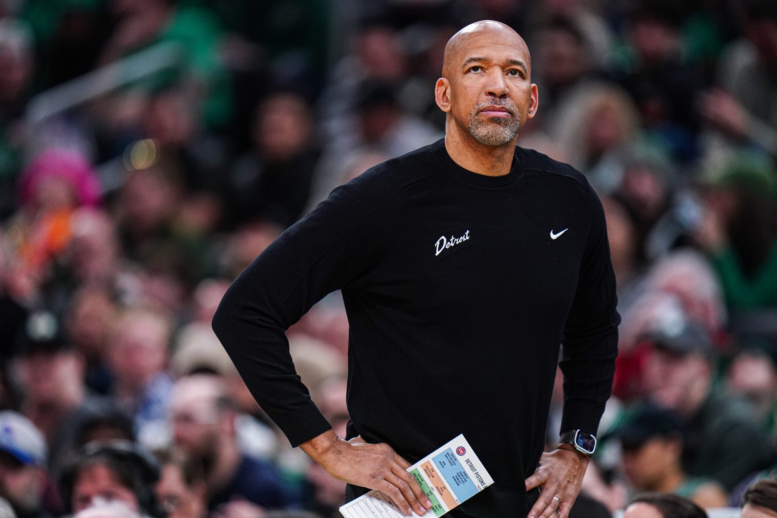 Mar 18, 2024; Boston, Massachusetts, USA; Detroit Pistons head coach Monty Williams watches from the sideline as they take on the Boston Celtics at TD Garden. Mandatory Credit: David Butler II-USA TODAY Sports