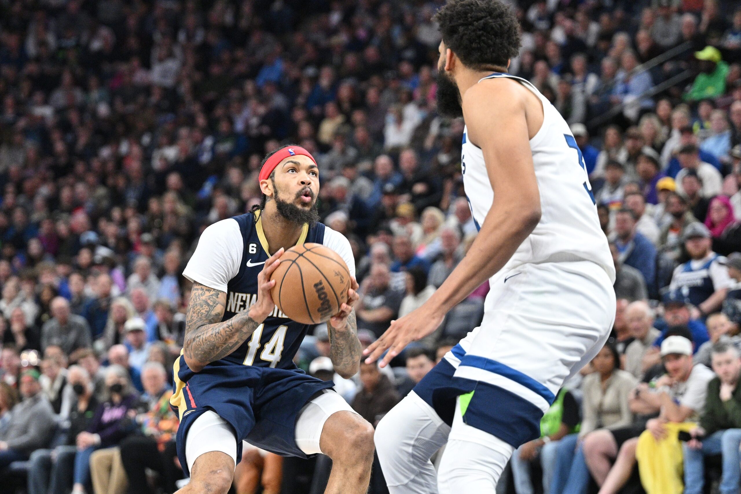 New Orleans Pelicans forward Brandon Ingram and Minnesota Timberwolves big man Karl-Anthony Towns