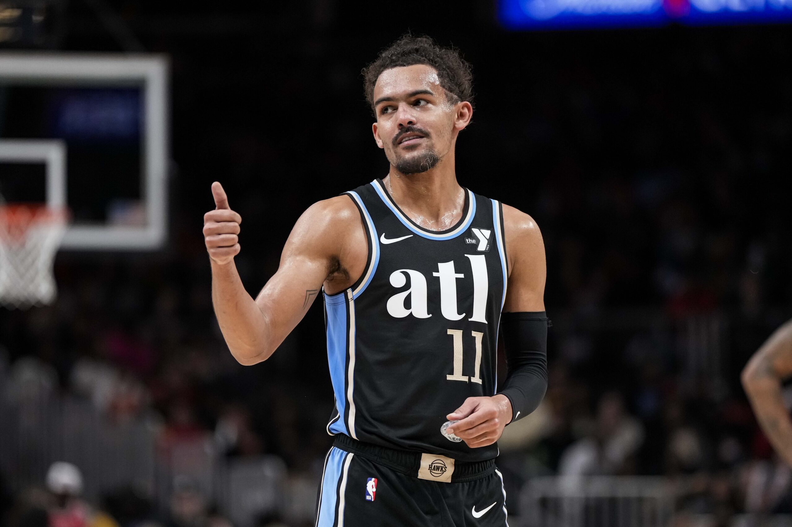 Atlanta Hawks guard Trae Young (11) gestures after being called for a technical foul against the Chicago Bulls during the second half at State Farm Arena.