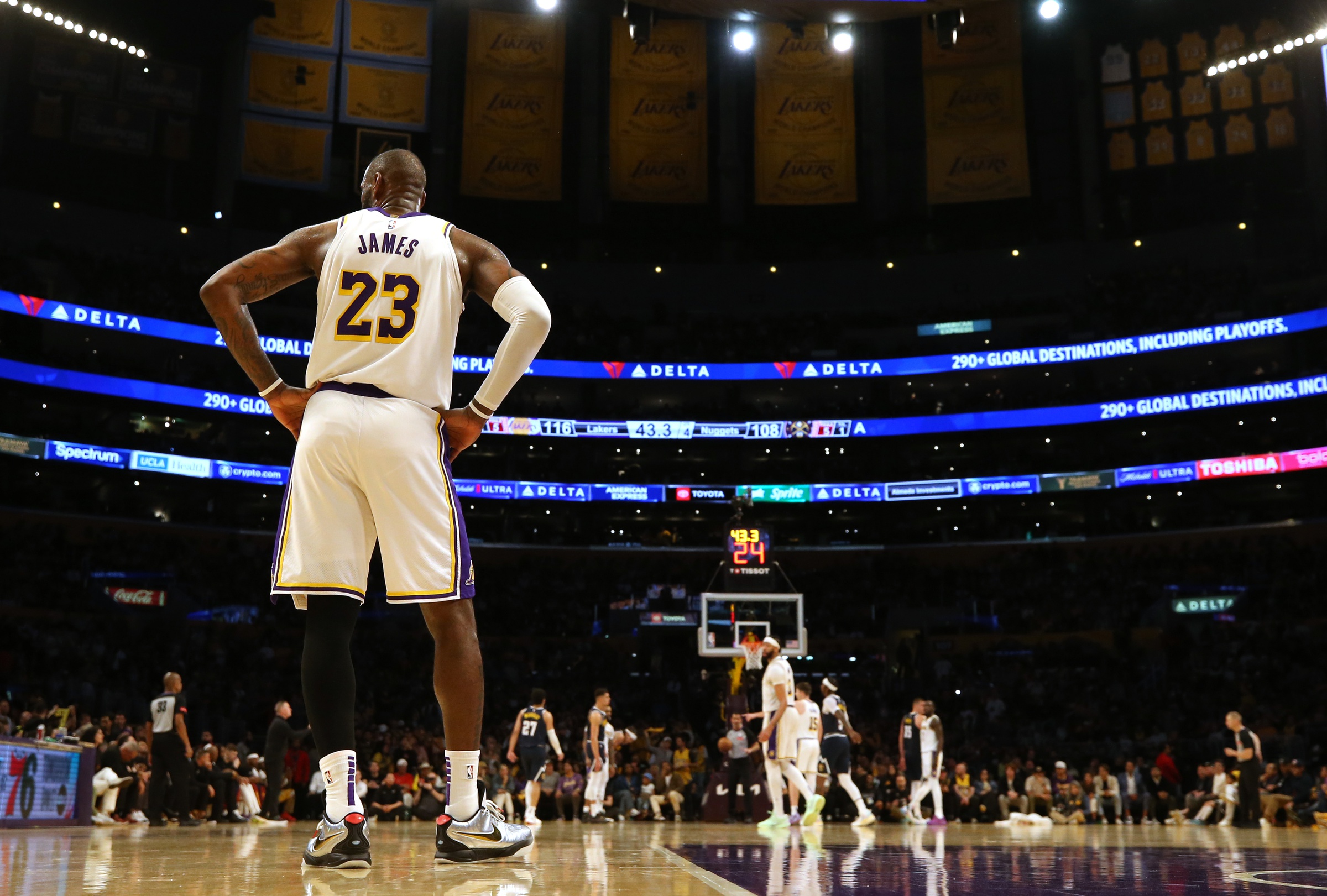 Apr 27, 2024; Los Angeles, California, USA; Los Angeles Lakers forward LeBron James (23) during the fourth quarter in game four of the first round for the 2024 NBA playoffs against the Denver Nuggets at Crypto.com Arena. Mandatory Credit: Jason Parkhurst-USA TODAY Sports