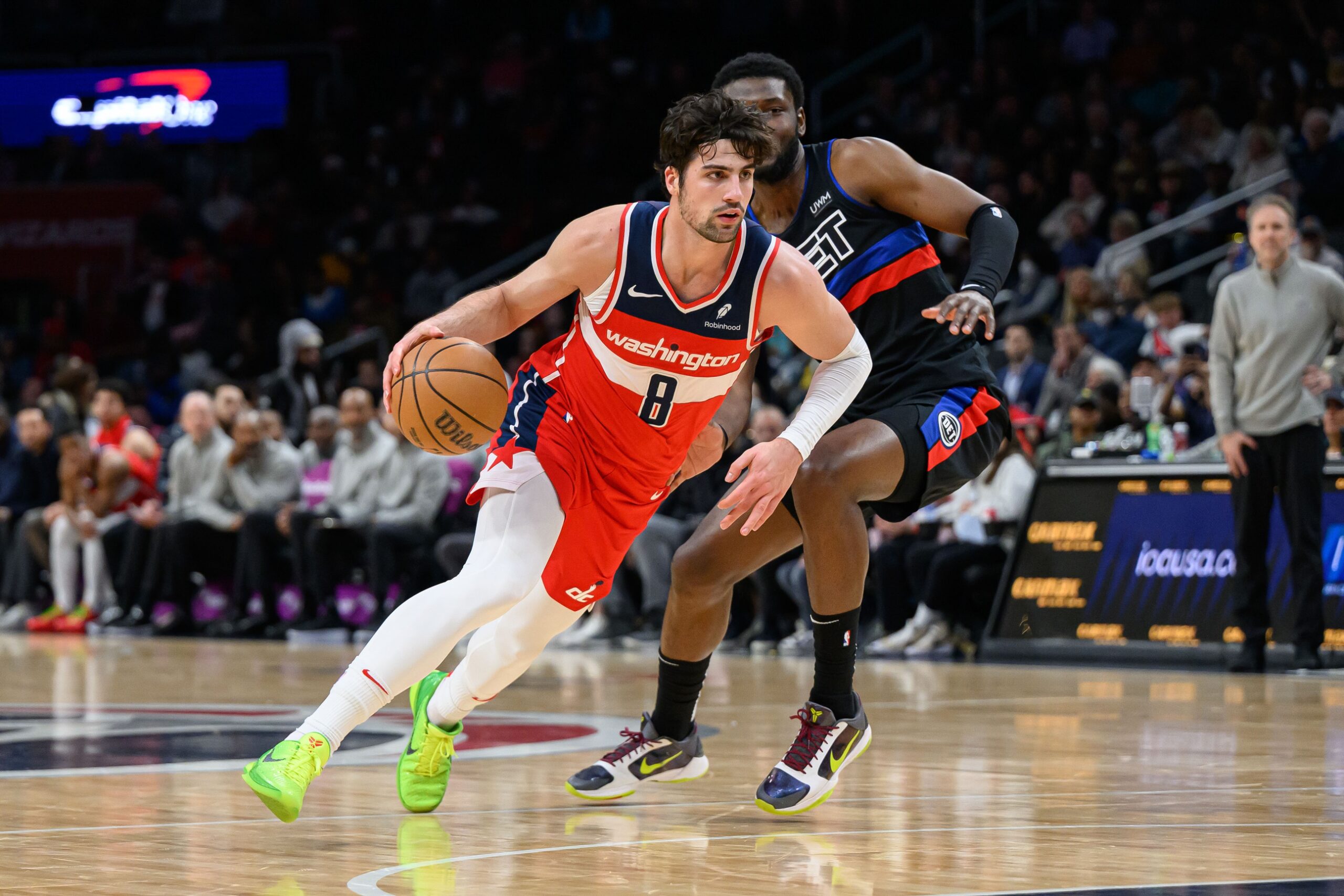 Mar 29, 2024; Washington, District of Columbia, USA; Washington Wizards forward Deni Avdija (8) drives to the basket against the Detroit Pistons during the second quarter at Capital One Arena. Mandatory Credit: Reggie Hildred-USA TODAY Sports