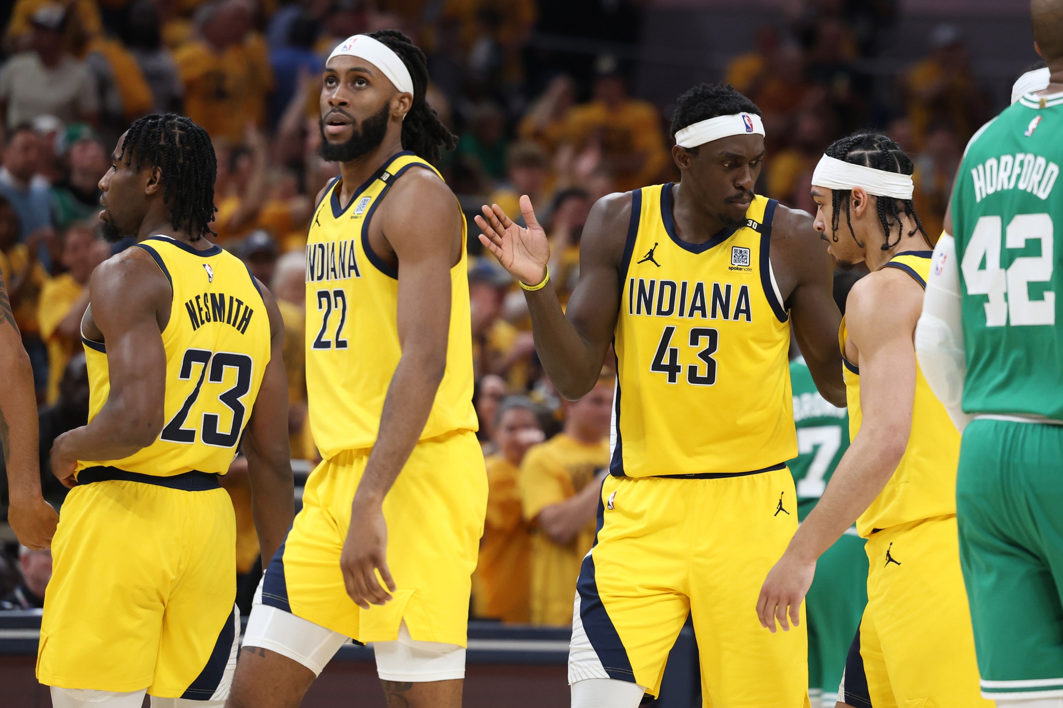 Indiana Pacers players Aaron Nesmith, Isaiah Jackson, Pascal Siakam, Andrew Nembhard