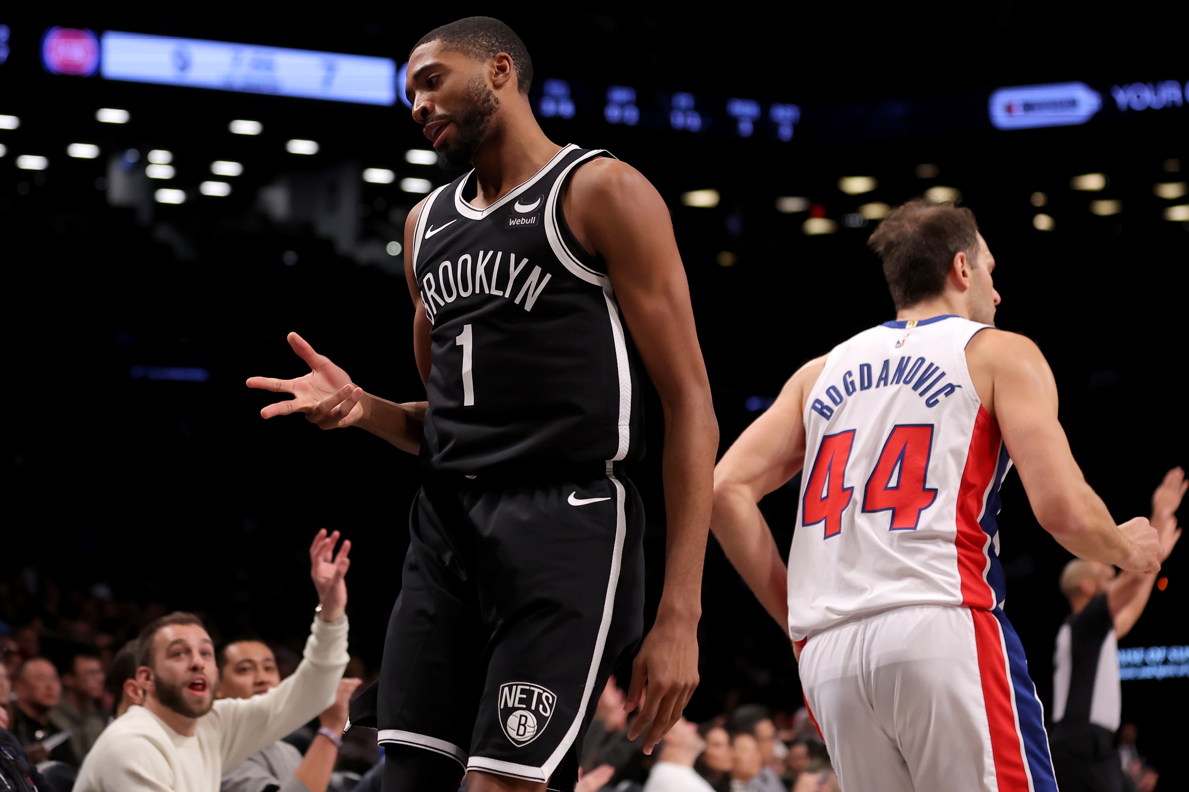 Brooklyn Nets forward Mikal Bridges (1) celebrates his three point shot against Detroit Pistons forward Bojan Bogdanovic (44) during the first quarter at Barclays Center.