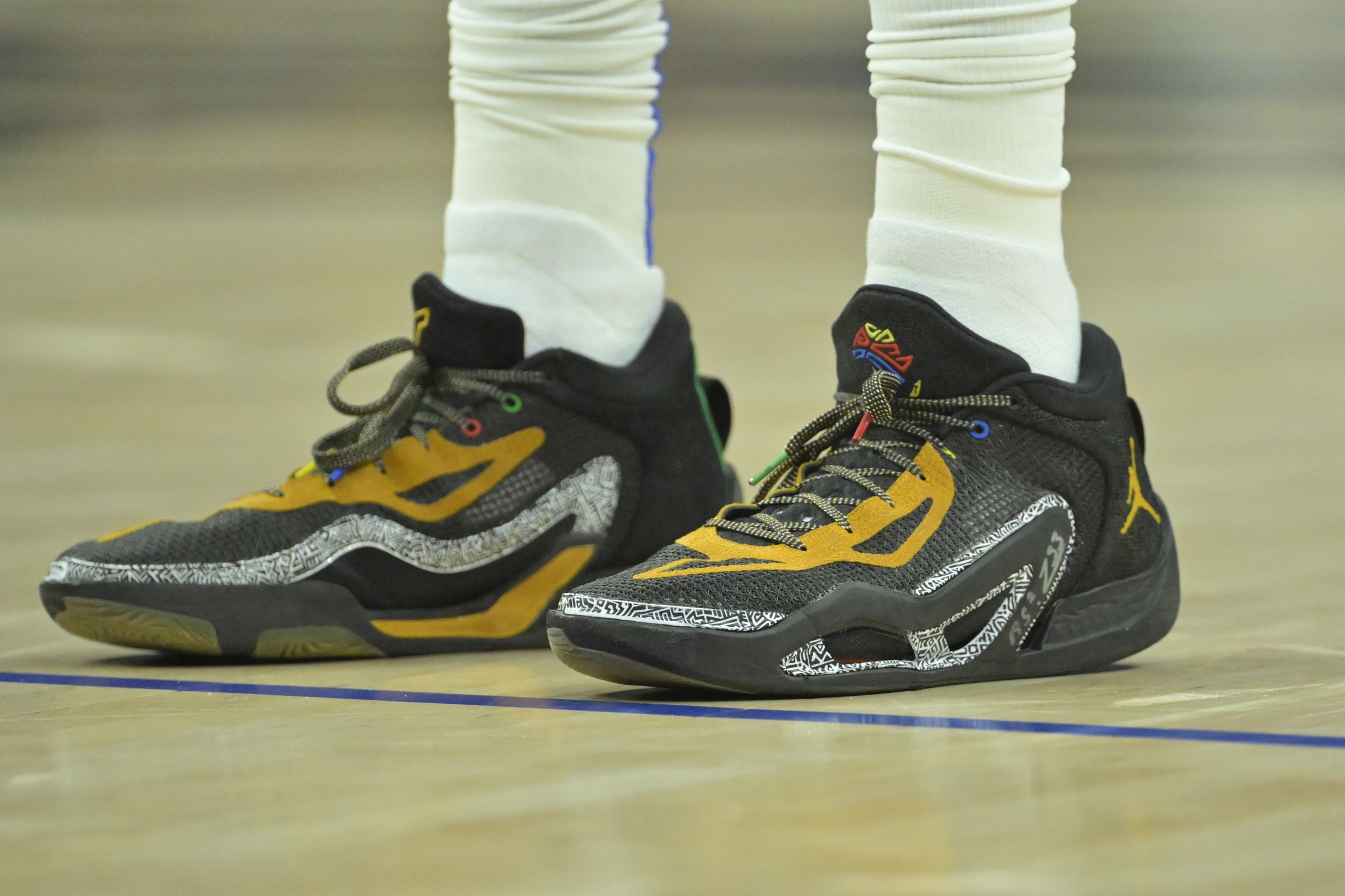 Apr 21, 2024; Los Angeles, California, USA; Detailed view of the basketball sneakers worn by Dallas Mavericks forward Tim Hardaway Jr. (10) for game one of the first round for the 2024 NBA playoffs against the Los Angeles Clippers at Crypto.com Arena. Mandatory Credit: Jayne Kamin-Oncea-USA TODAY Sports