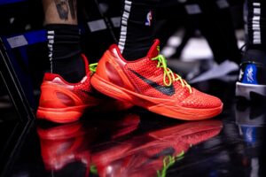 Detailed view of the shoes worn by New Orleans Pelicans guard Jordan Hawkins (24) against the Oklahoma City Thunder during the first half of game four of the first round for the 2024 NBA playoffs at Smoothie King Center.