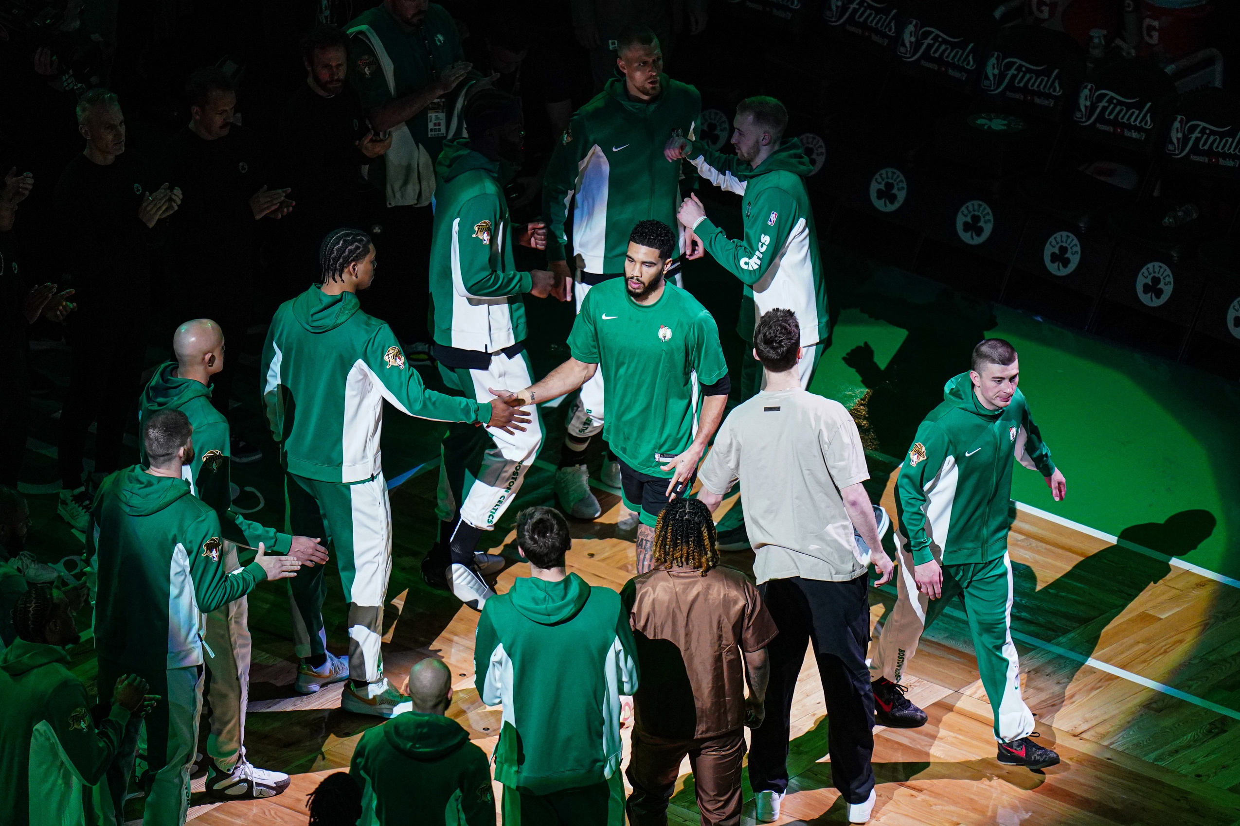 Jun 9, 2024; Boston, Massachusetts, USA; Boston Celtics forward Jayson Tatum (0) is introduced before the start game two of the 2024 NBA Finals against the Dallas Mavericks at TD Garden. Mandatory Credit: David Butler II-USA TODAY Sports Derrick White